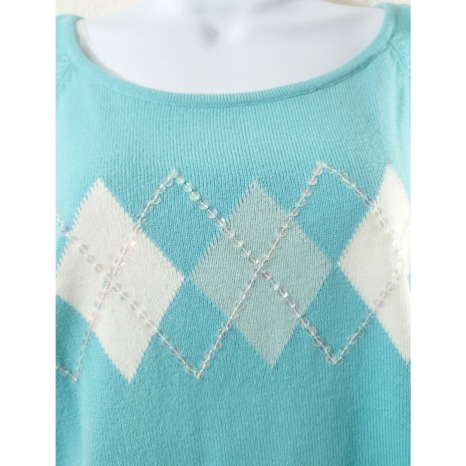 Other RQT Blue White Argyle Print Sequin Sweater Top XL Size XL / US 12-14 / IT 48-50 - 6 Thumbnail