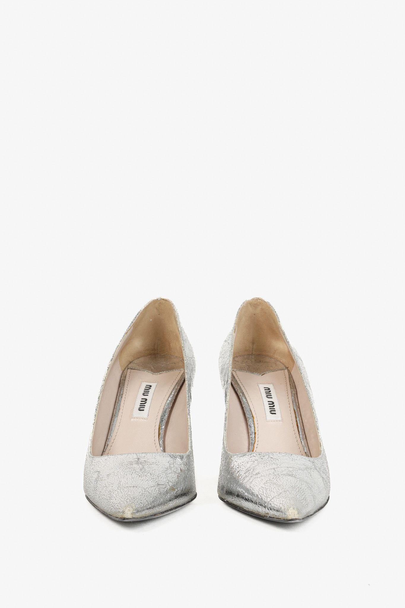 Miu Miu Miu Miu Silver Specchio Crackle Foil Metallic Heels Size US 5.5 / IT 35.5 - 2 Thumbnail