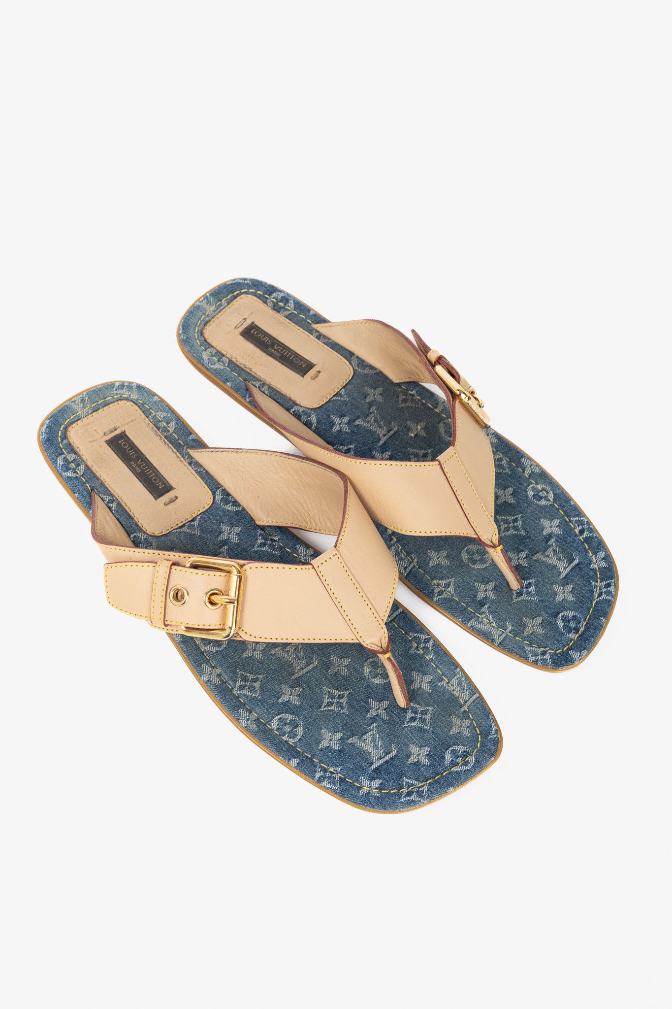 Louis Vuitton Louis Vuitton Buckled-Leather & Monogram Denim Thong Sandals Size US 8 / IT 38 - 1 Thumbnail