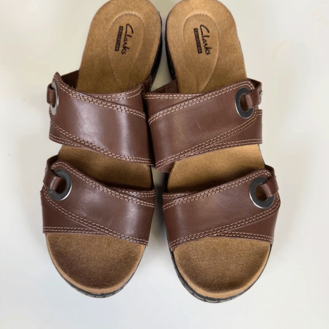 Vintage Clarks Collection Women's Sandals Open Toe Leather Brown 11M Slides Slip-On Shoes Shoes Ladies Mens? Size US 11 / IT 41 - 3 Thumbnail