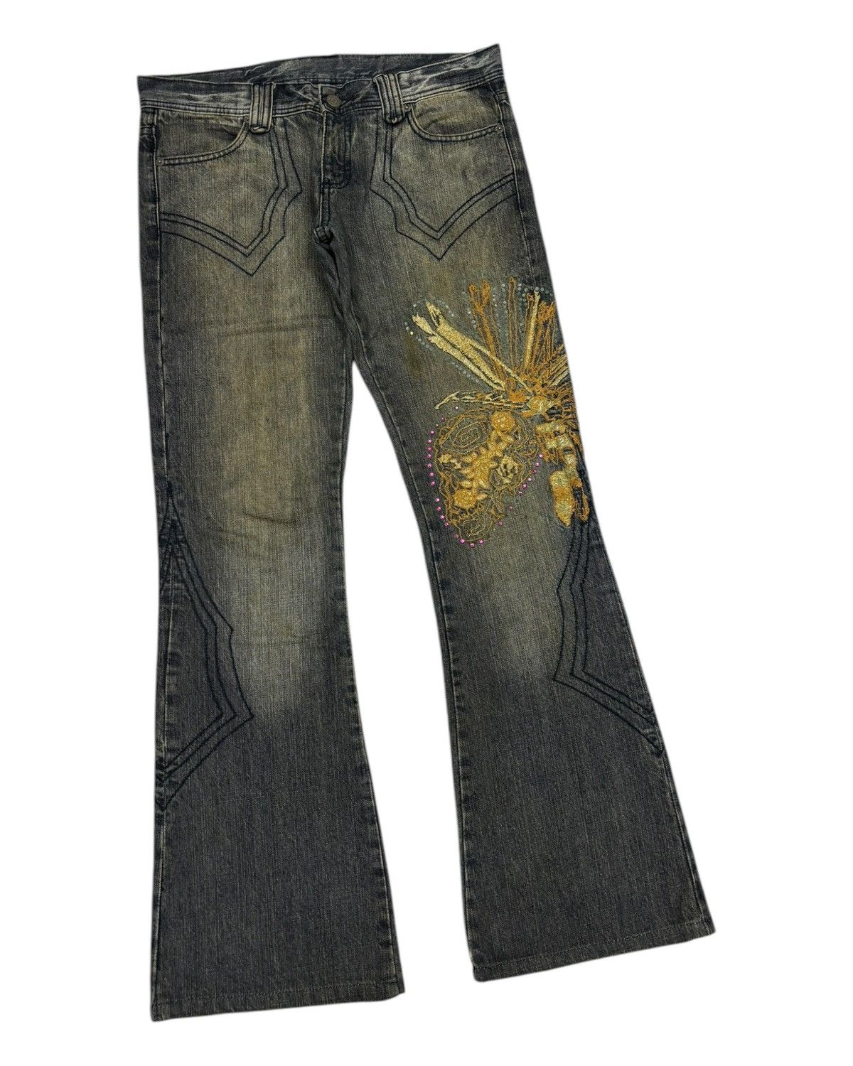 If Six Was Nine 🔥TORNADO MART DRAGONFLY EMBROIDERY FLARED JEANS Size US 32 / EU 48 - 3 Thumbnail