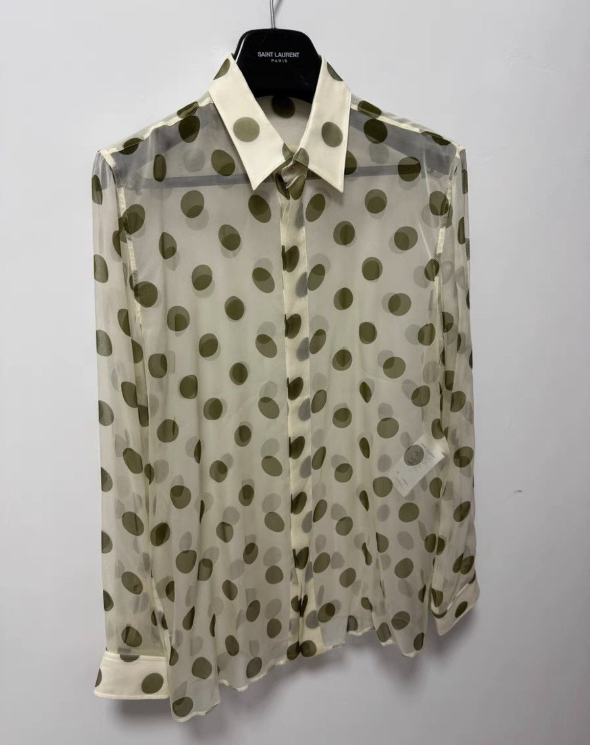 Saint Laurent Paris Saint Laurent Light Green Silk Point Collar Polka Dot Shirt Size US L / EU 52-54 / 3 - 3 Thumbnail