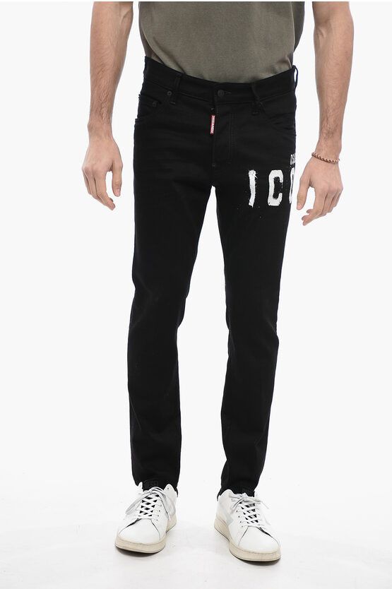 image of Dsquared2 Straight-Leg Skater Denims With Logo Print 15Cm in Black, Men's (Size 32)