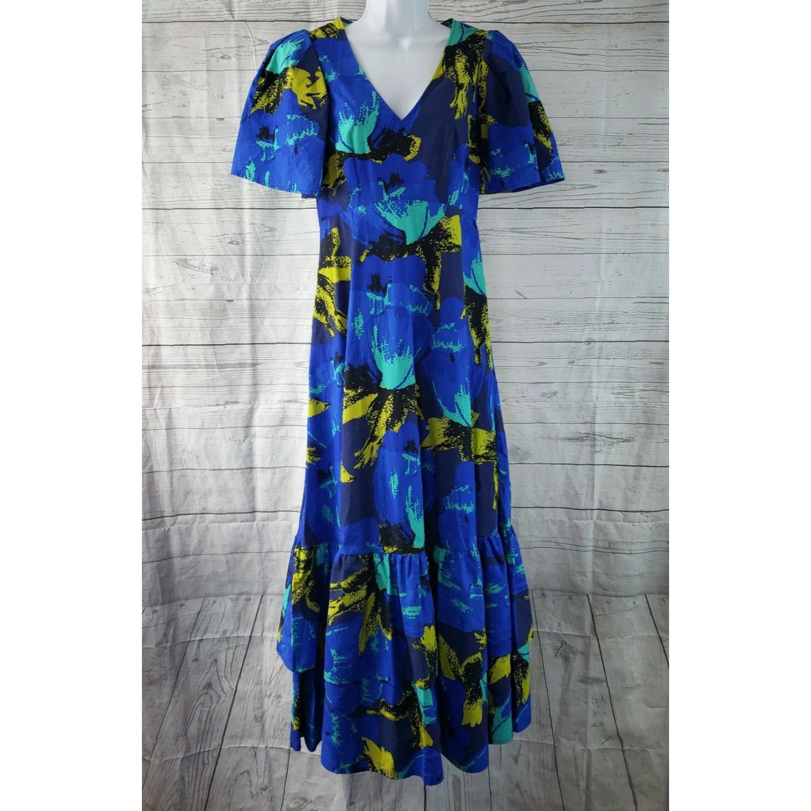 Vintage VINTAGE Christopher John Rogers for Target Womens Dress Sz 2 Blue Puff Sleeve Floral Short Sleeve V-Neck A-Line Maxi Size XS / US 0-2 / IT 36-38 - 2 Thumbnail