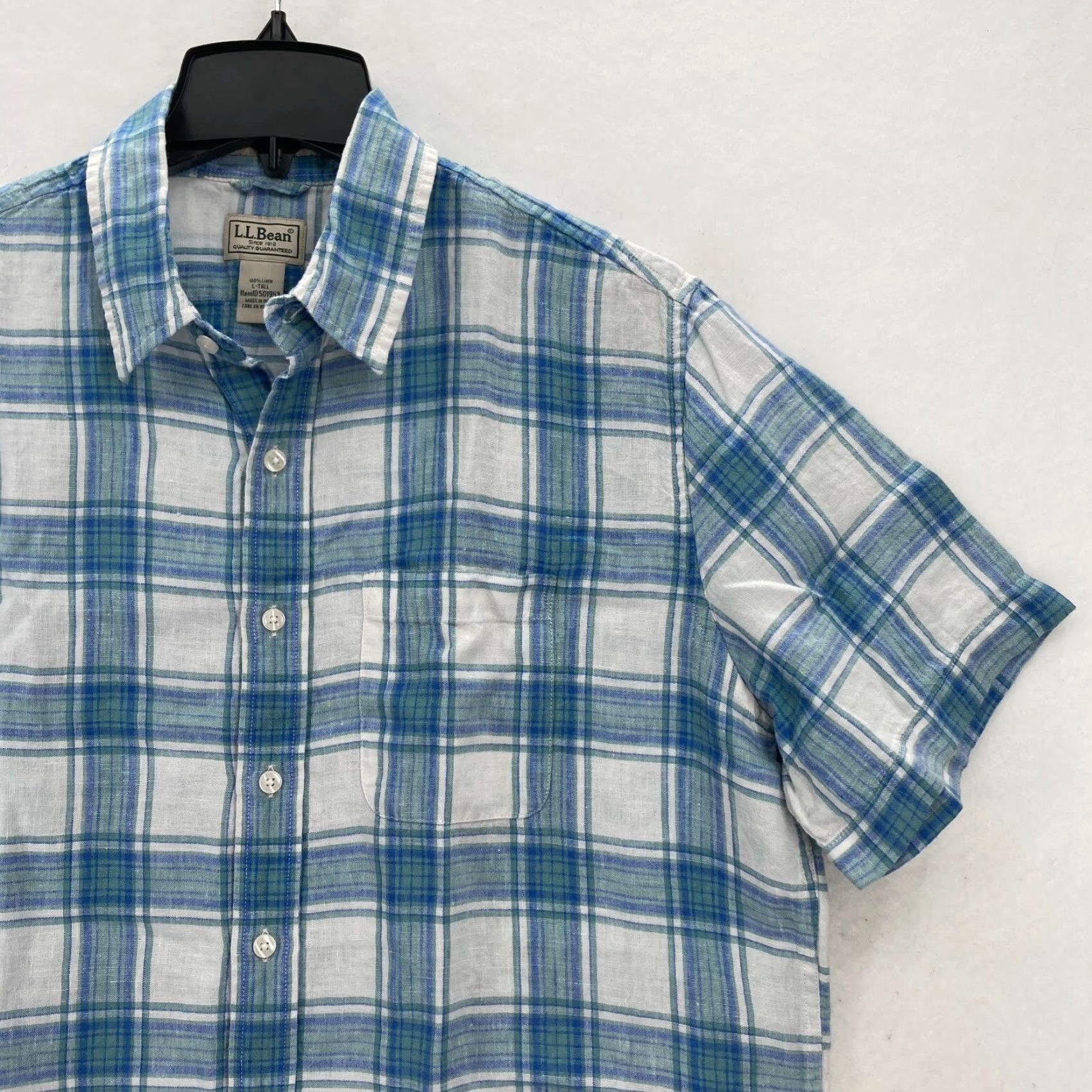 Vintage L.L. Bean Linen Button Up Short Sleeve Shirt Large Tall Blue Plaid Camp Hiking Men Shirts Size US L / EU 52-54 / 3 - 2 Thumbnail