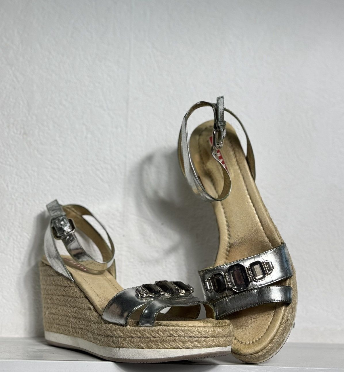 Prada Prada Linea Rossa Silver Leather Wedge Sandals Size 40.5 Size US 9 / IT 39 - 1 Thumbnail