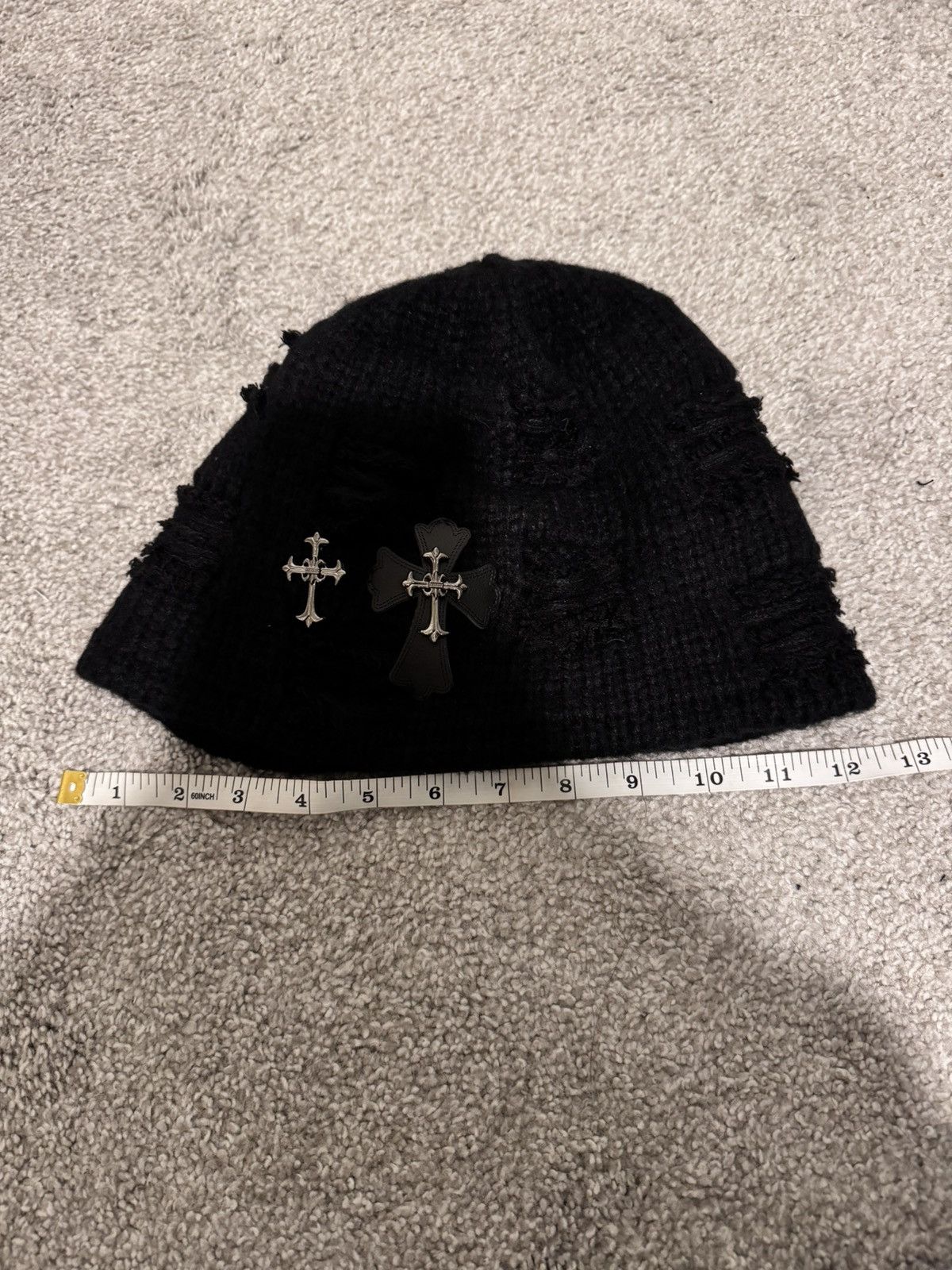 Distressed Silver Cross Patch Knit Beanie