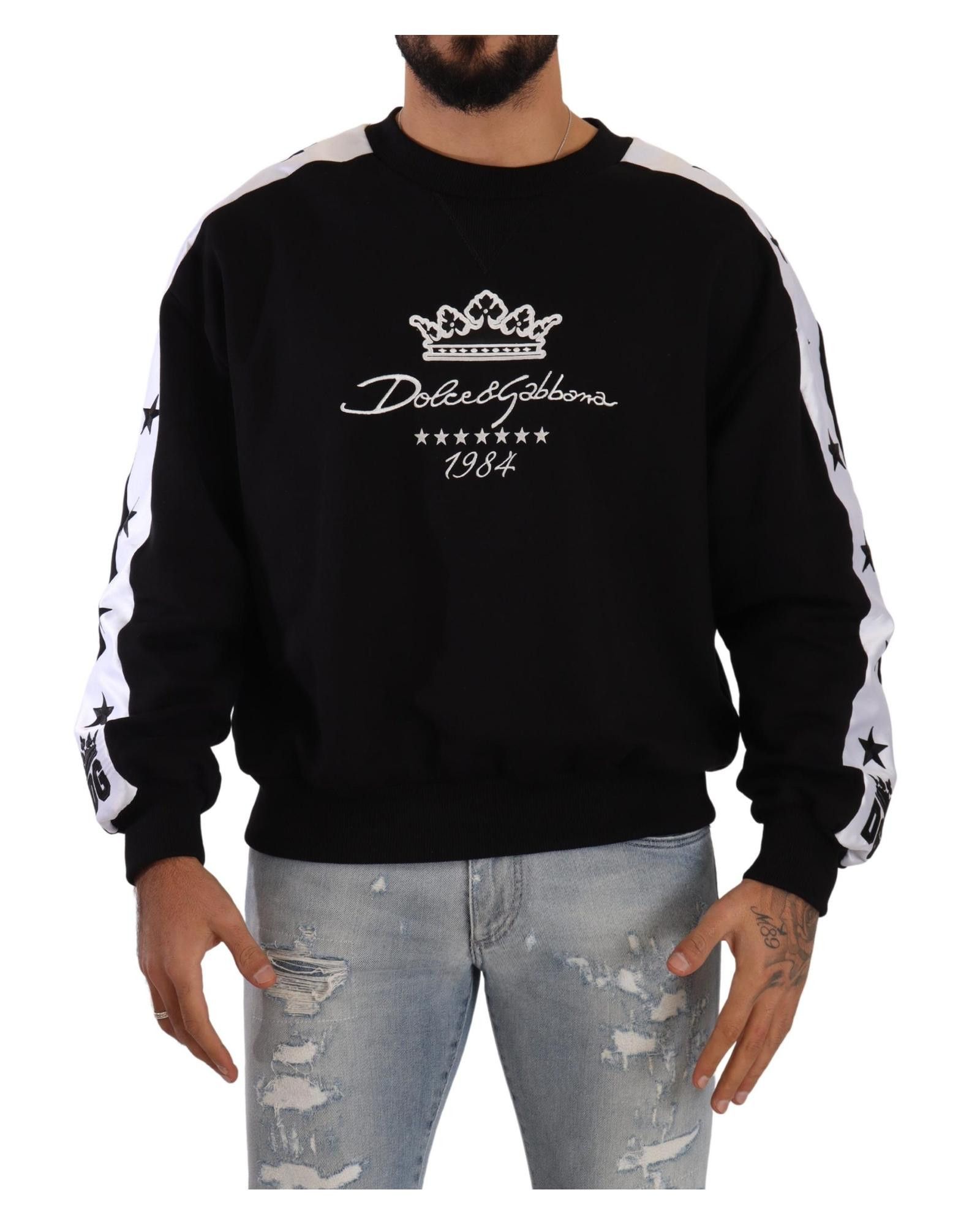 Image of Dolce Gabbana Cotton Crewneck Crown 1984 Stars Pullover in Black, Men's (Size XS)