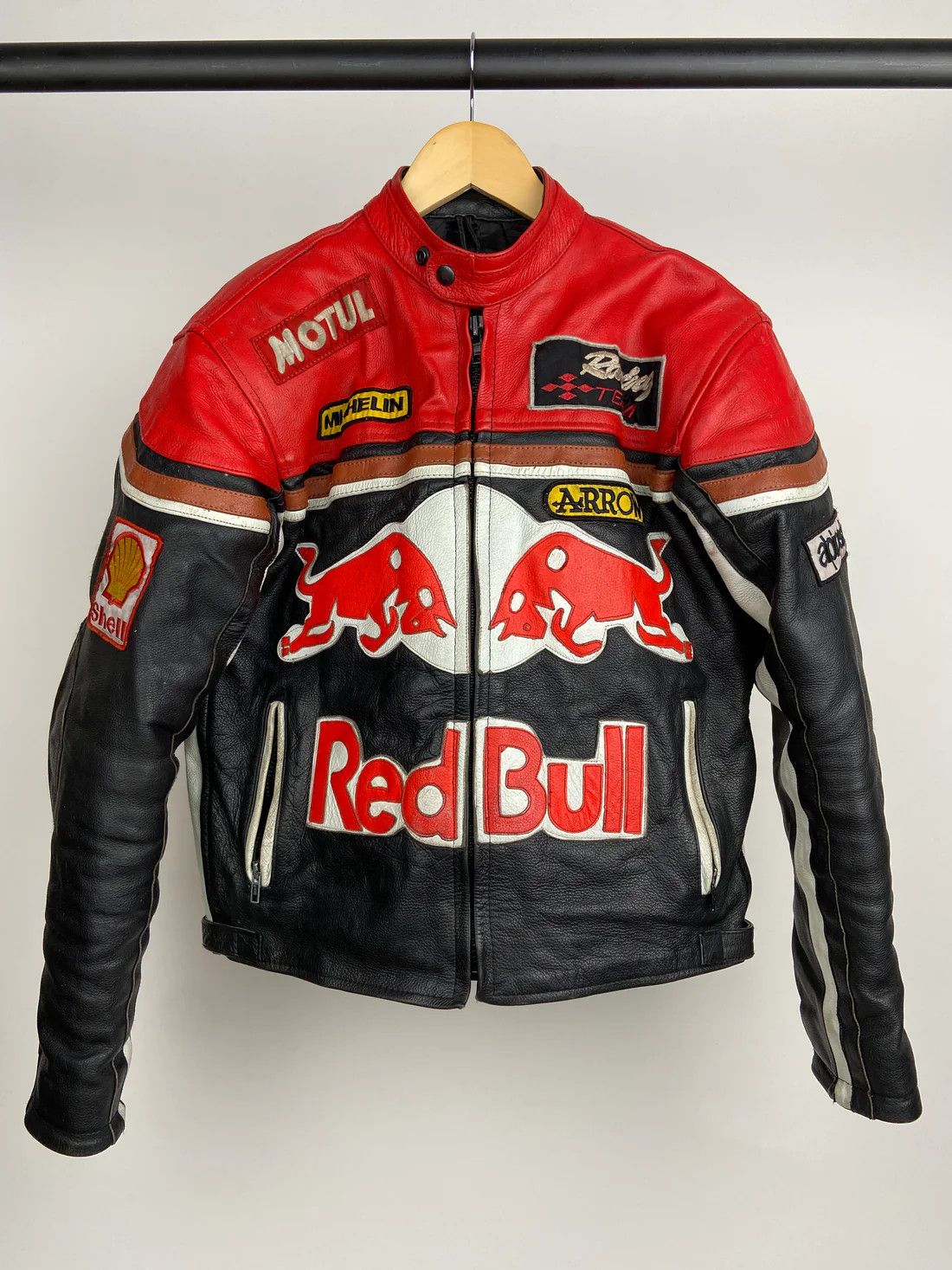 image of Genuine Leather Red Bull 90's Leather Motorbike Jacket, Men's (Size Medium)