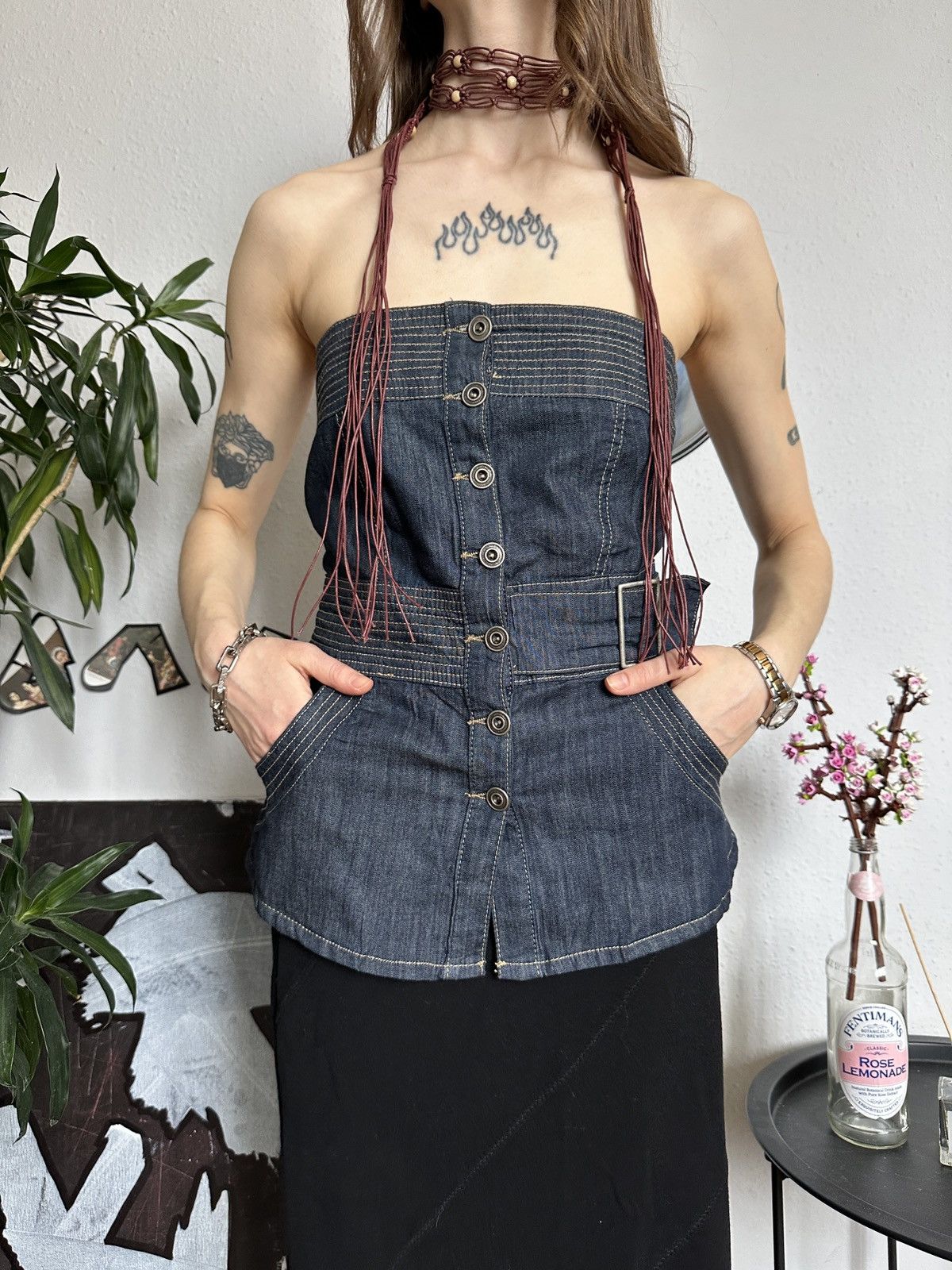 Japanese Brand Denim Button Up Bustier Belted Buckle Sexy Top Size XS / US 0-2 / IT 36-38 - 4 Thumbnail