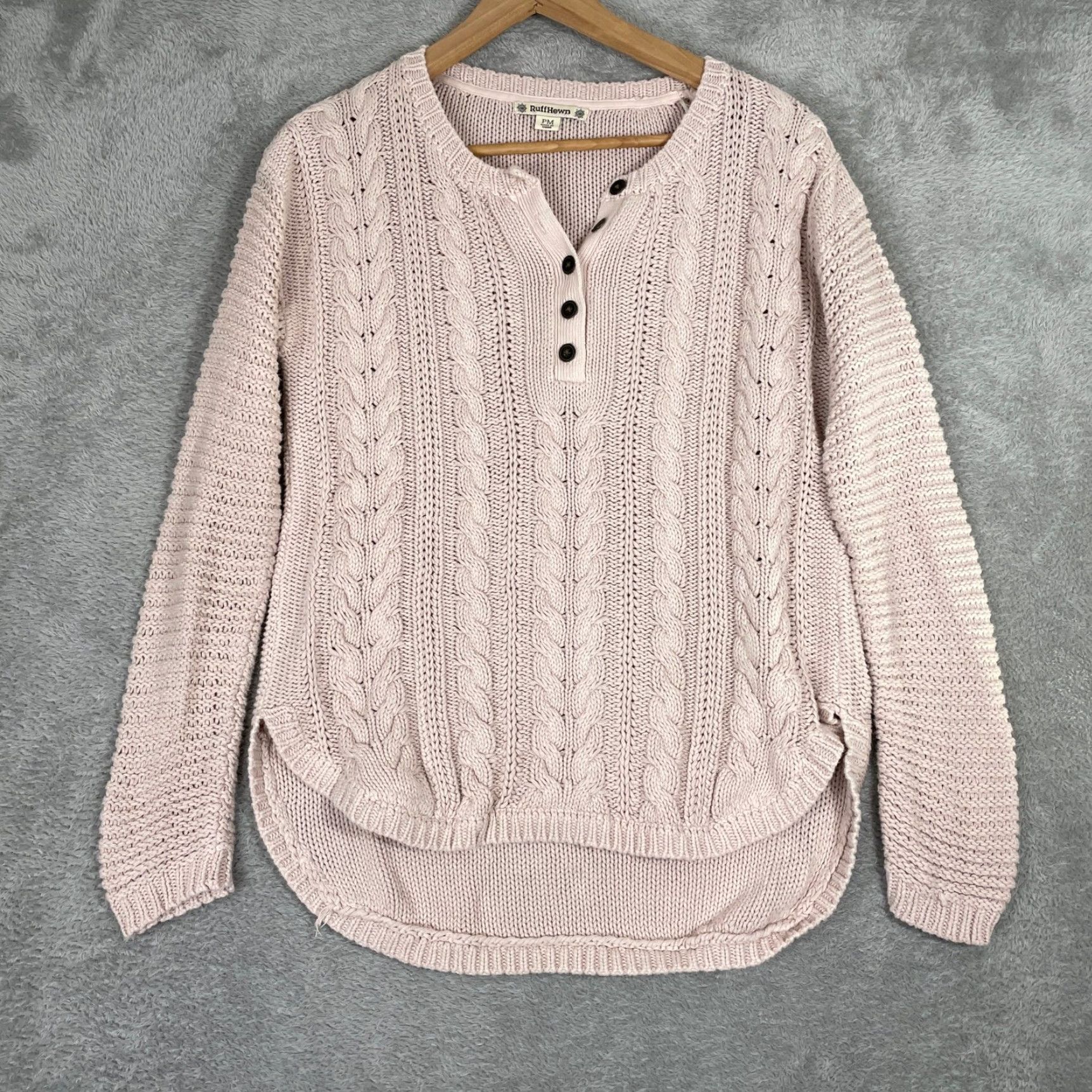 Vintage VINTAGE RuffHewn Sweater Womens Medium Pink Cable Knit Henley High Low Pullover Cozy Size M / US 6-8 / IT 42-44 - 2 Thumbnail
