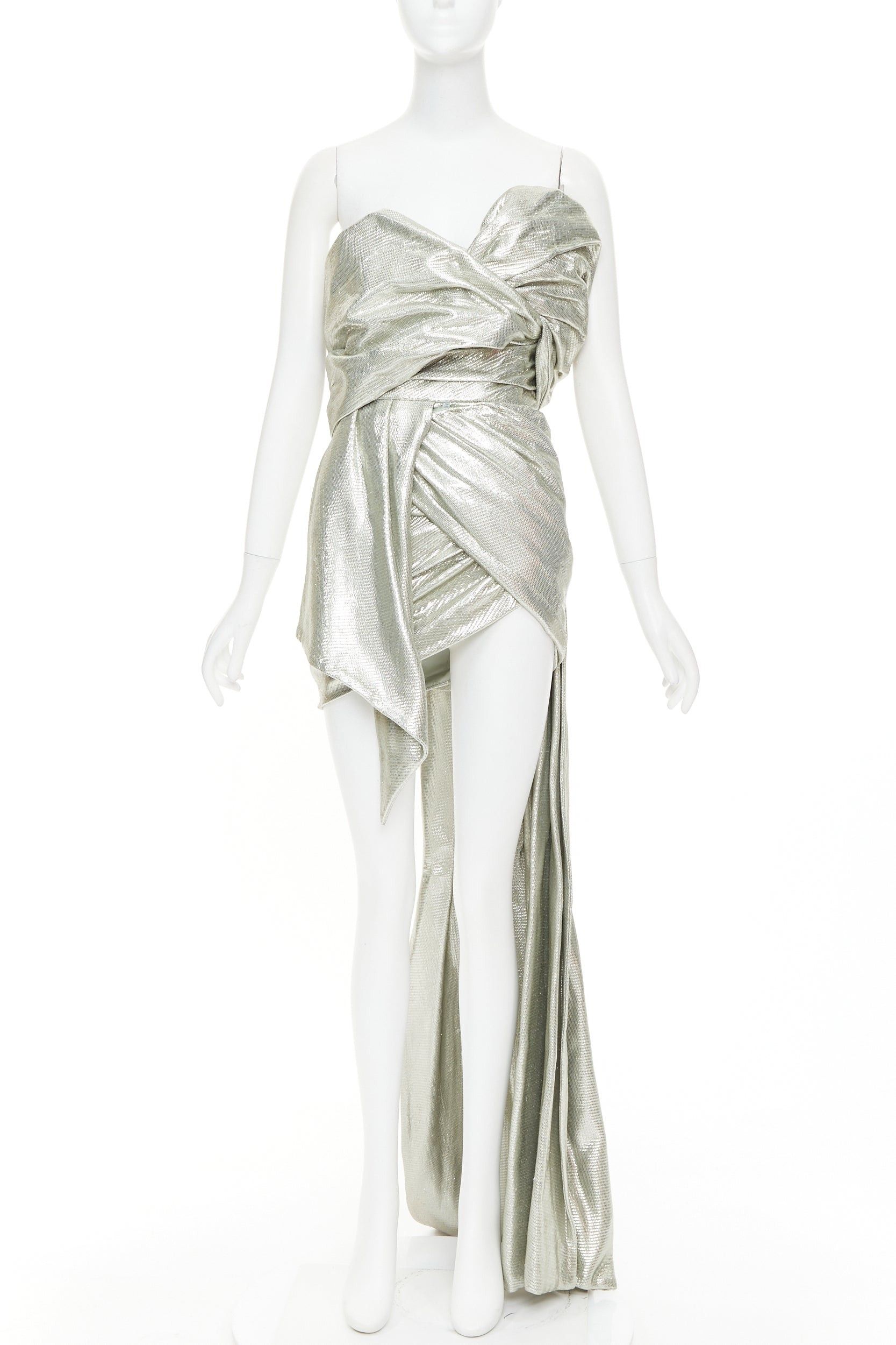 Alexandre Vauthier rare ALEXANDRE VAUTHIER COUTURE AW2019 Runway turquoise lame drape off shoulder train gown Size S / US 4 / IT 40 - 1 Thumbnail