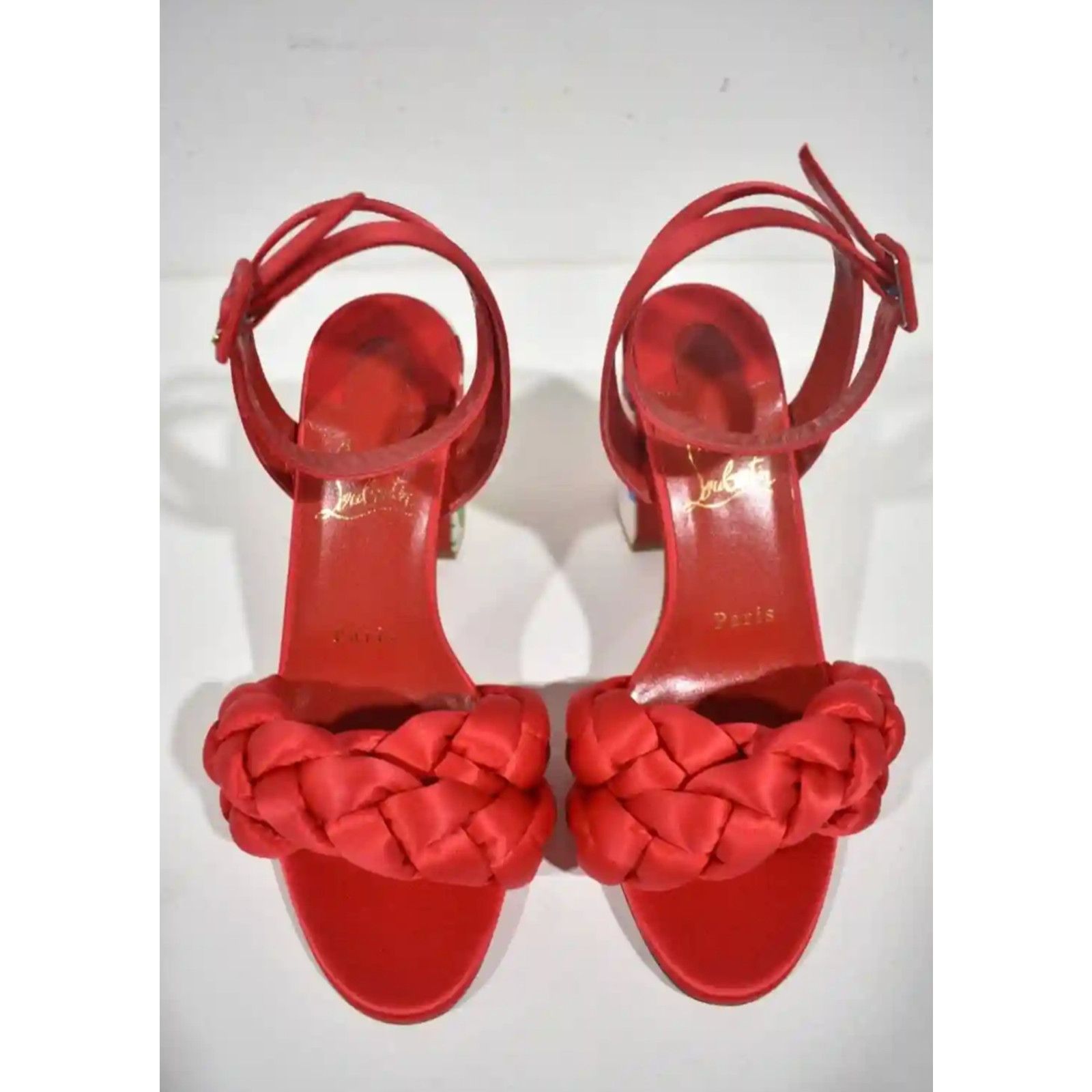 Christian Louboutin Brio 85 Red Floral Ankle Strap Sandal Block Heel Pump 37 Size US 7 / IT 37 - 9 Thumbnail