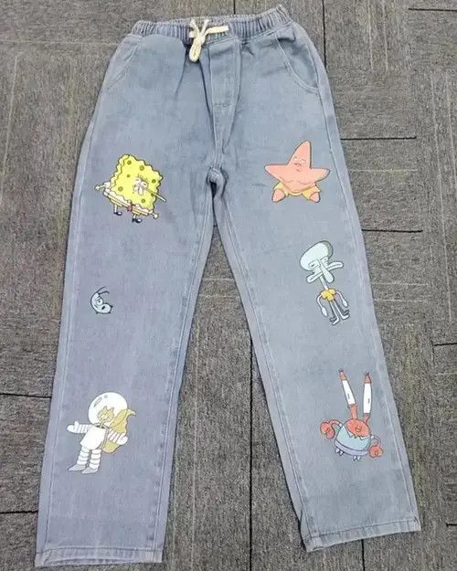 Designer Straight Cartoon Streetwear Jeans Sponge Bob Hip Hop Style Size US 30 / EU 46 - 3 Thumbnail