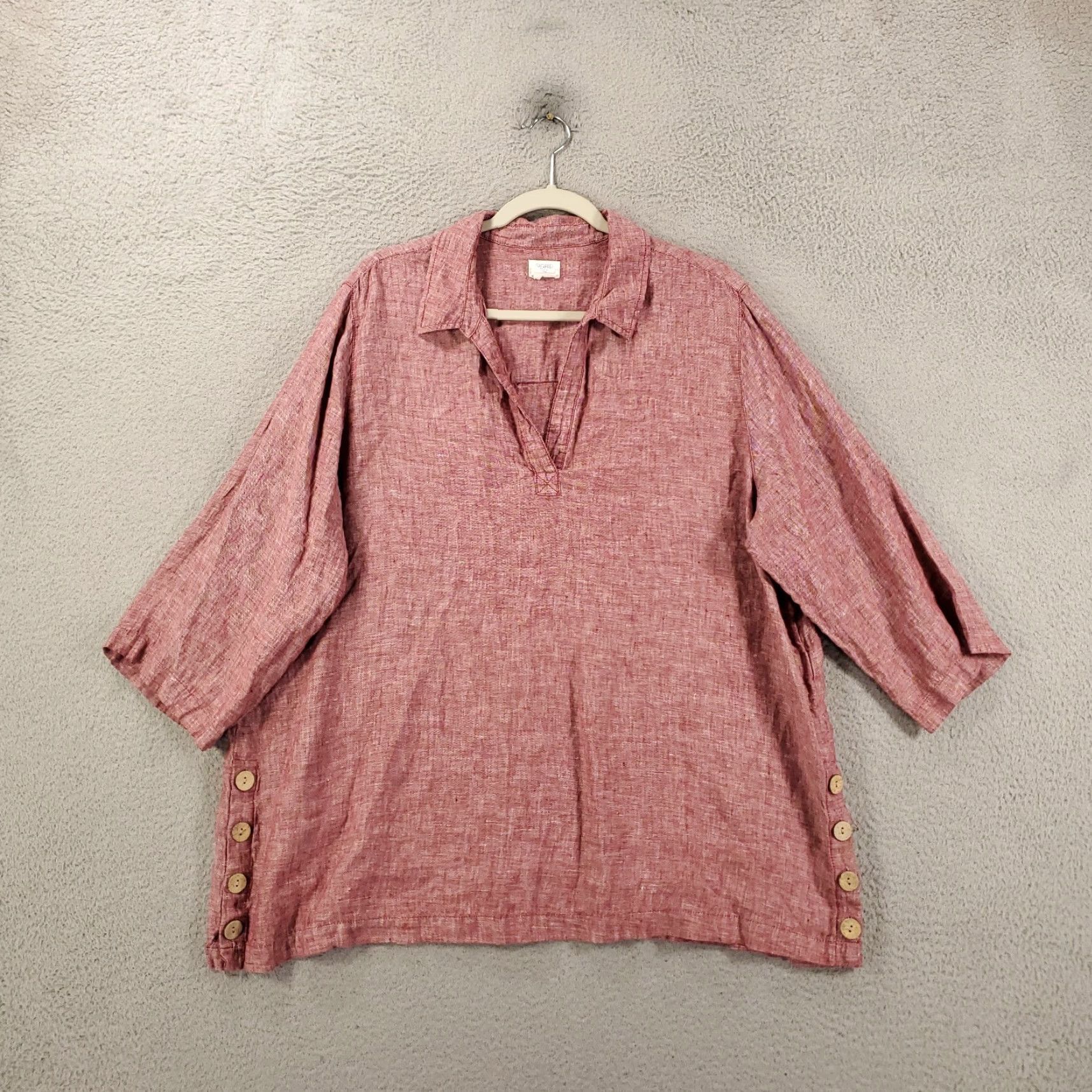Pinko Sigrid Olsen 1X Pink Linen Blouse Casual Tunic 3/4 Sleeve Collared Button Accent Womens Size XL / US 12-14 / IT 48-50 - 2 Thumbnail