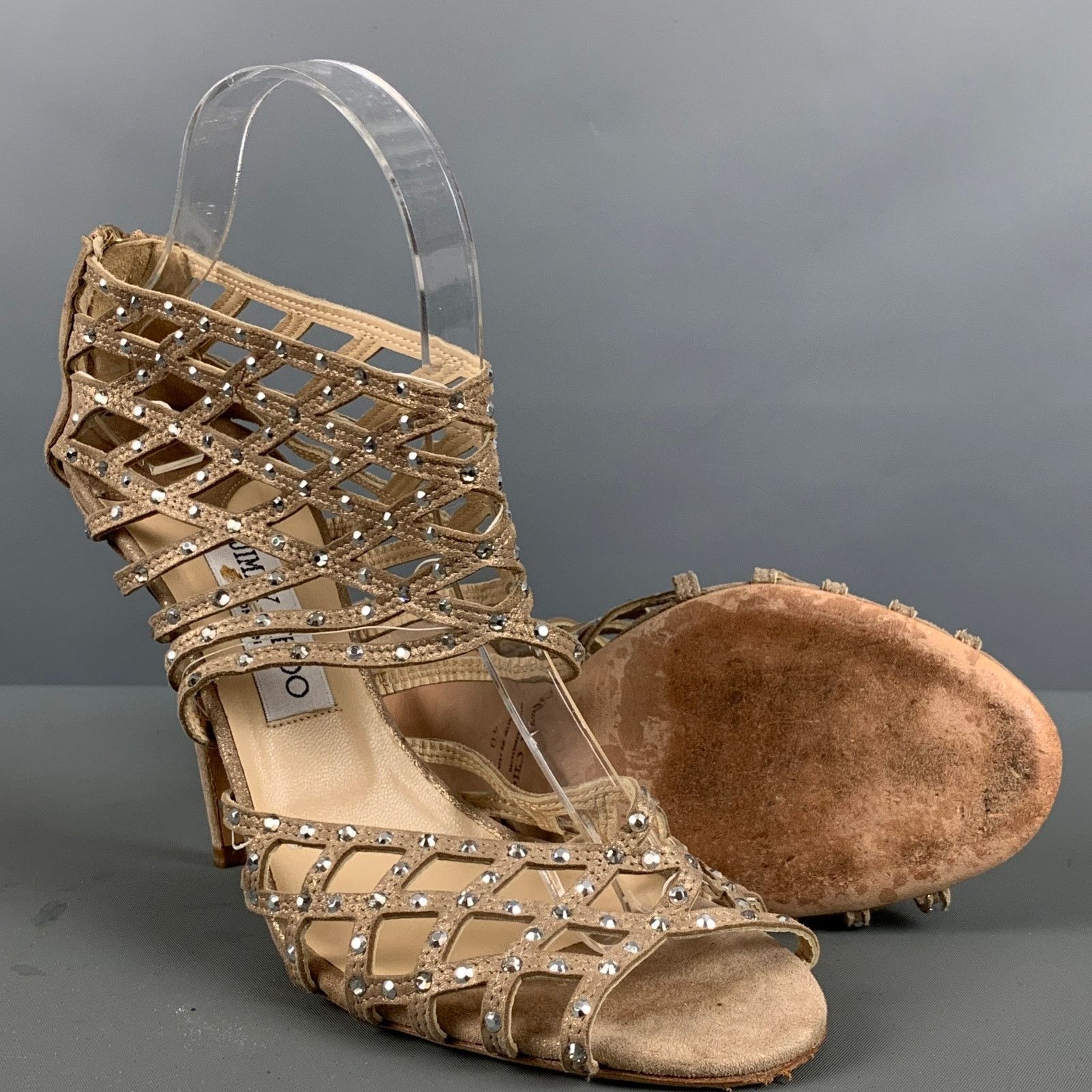 Jimmy Choo JIMMY CHOO 10 Beige Gold Suede Rhinestones Ankle Sandals Size US 10 / IT 40 - 6 Thumbnail