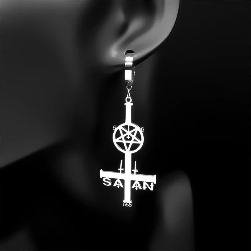 Jewelry Satan Inverted Pentagram Cross Hoop Earrings Jewelry Gift Size ONE SIZE - 2 Thumbnail