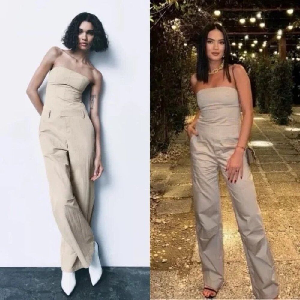 Zara New Zara Strapless Beige Straight Leg Jumpsuit 2712/224 Siz Size 32" / US 10 / IT 46 - 1 Thumbnail