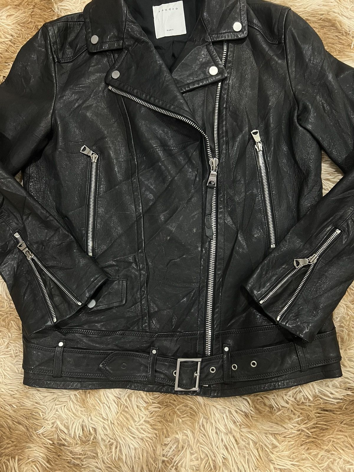 Sandro Sandro Paris Lambskin Leather Biker Jacket Size US XS / EU 42 / 0 - 2 Thumbnail