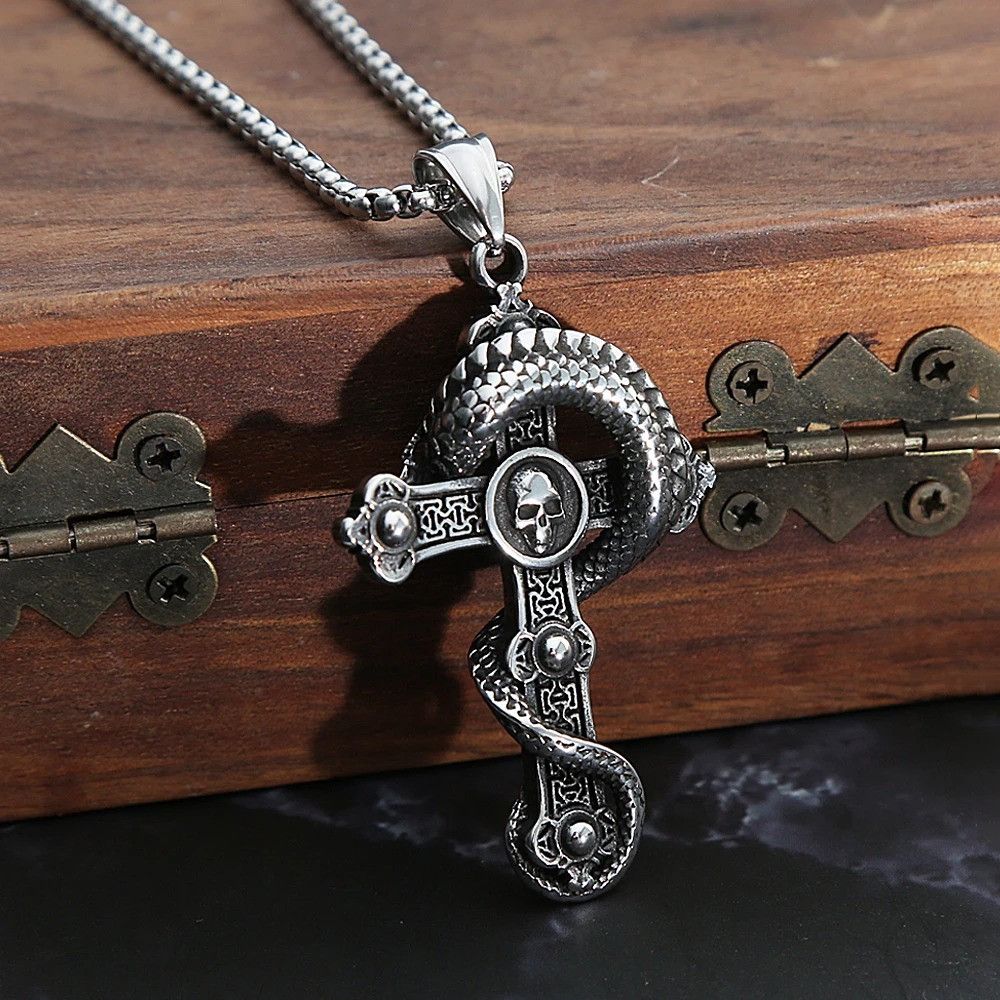 Vintage Dragon Skull Cross Pendant Necklace Size ONE SIZE - 2 Thumbnail