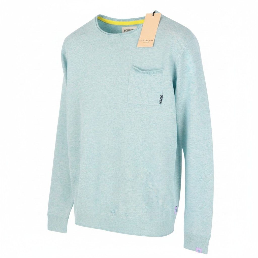 Scotch & Soda M Blue Melange Linen Blend Knit Patch Pocket Pull On 91035 Size US M / EU 48-50 / 2 - 1 Thumbnail