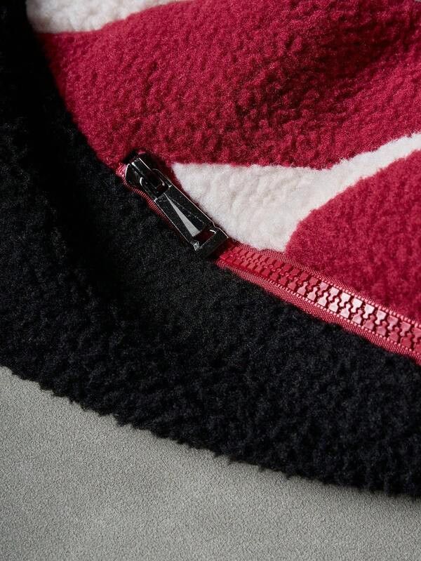 Japanese Brand Red & White Panel Fleece Zip Up Hoodie. Size US L / EU 52-54 / 3 - 7 Thumbnail