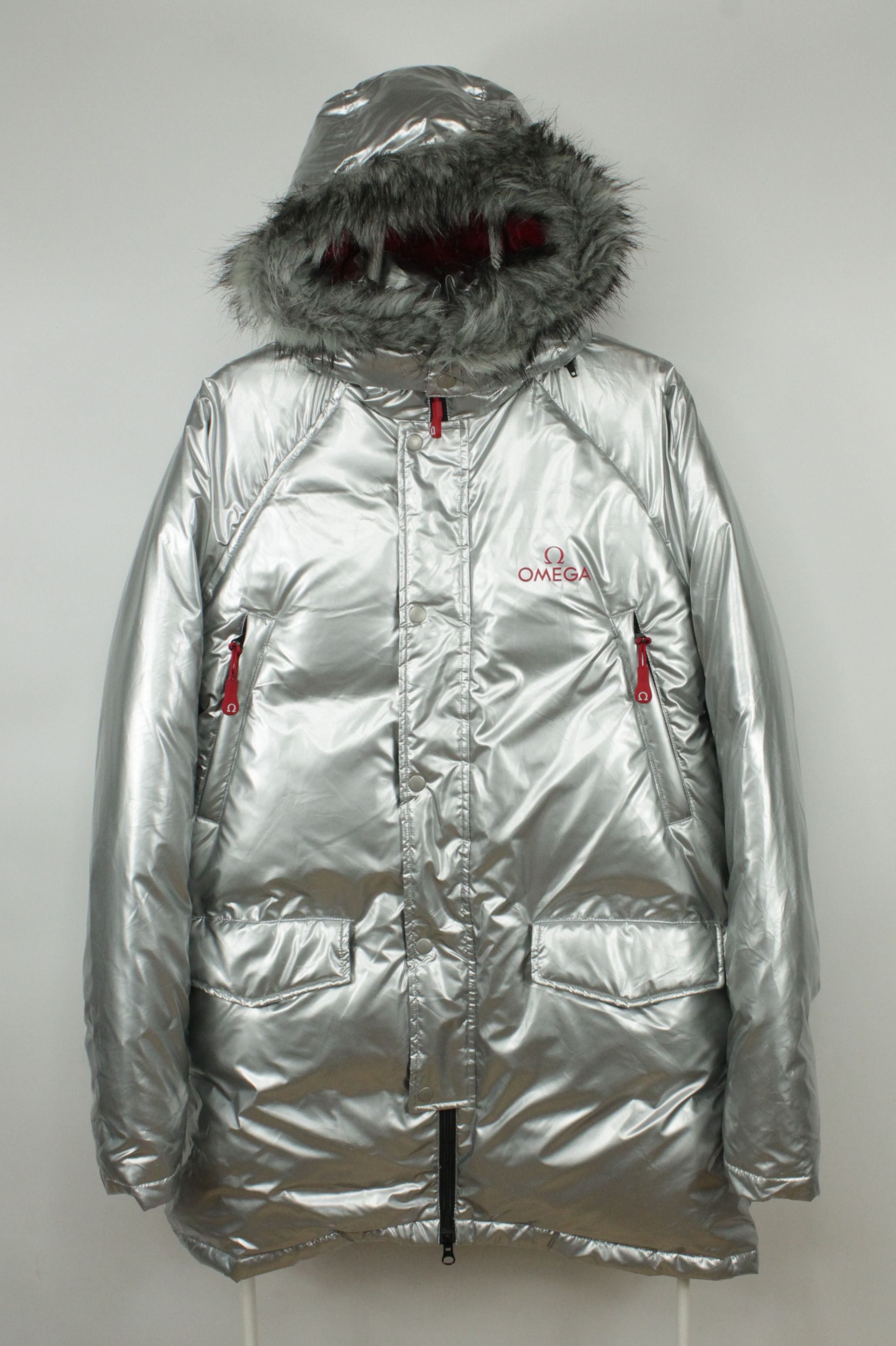 Omega Silver Puffer Winter Parka Hooded Down Jacket Men's