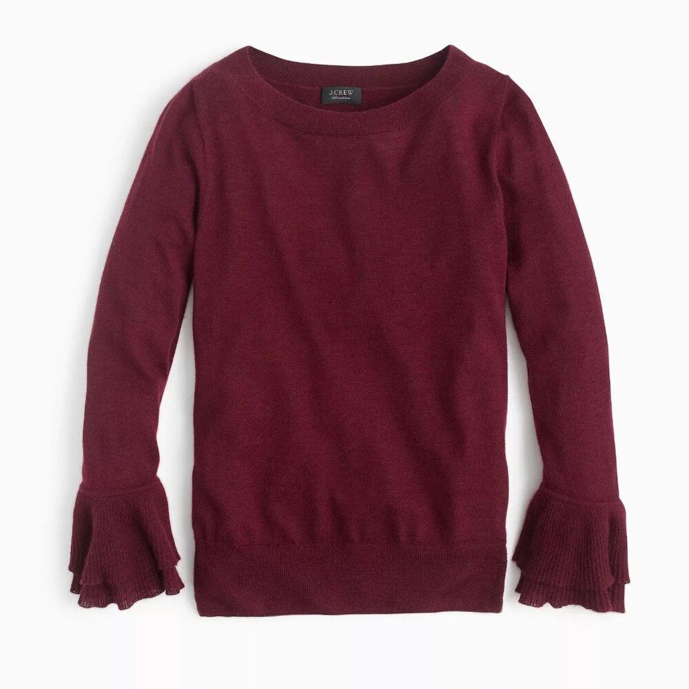 J.Crew J.Crew Cashmere Boatneck Ruffle-Sleeve Burgundy Sweater Siz Size S / US 4 / IT 40 - 1 Thumbnail