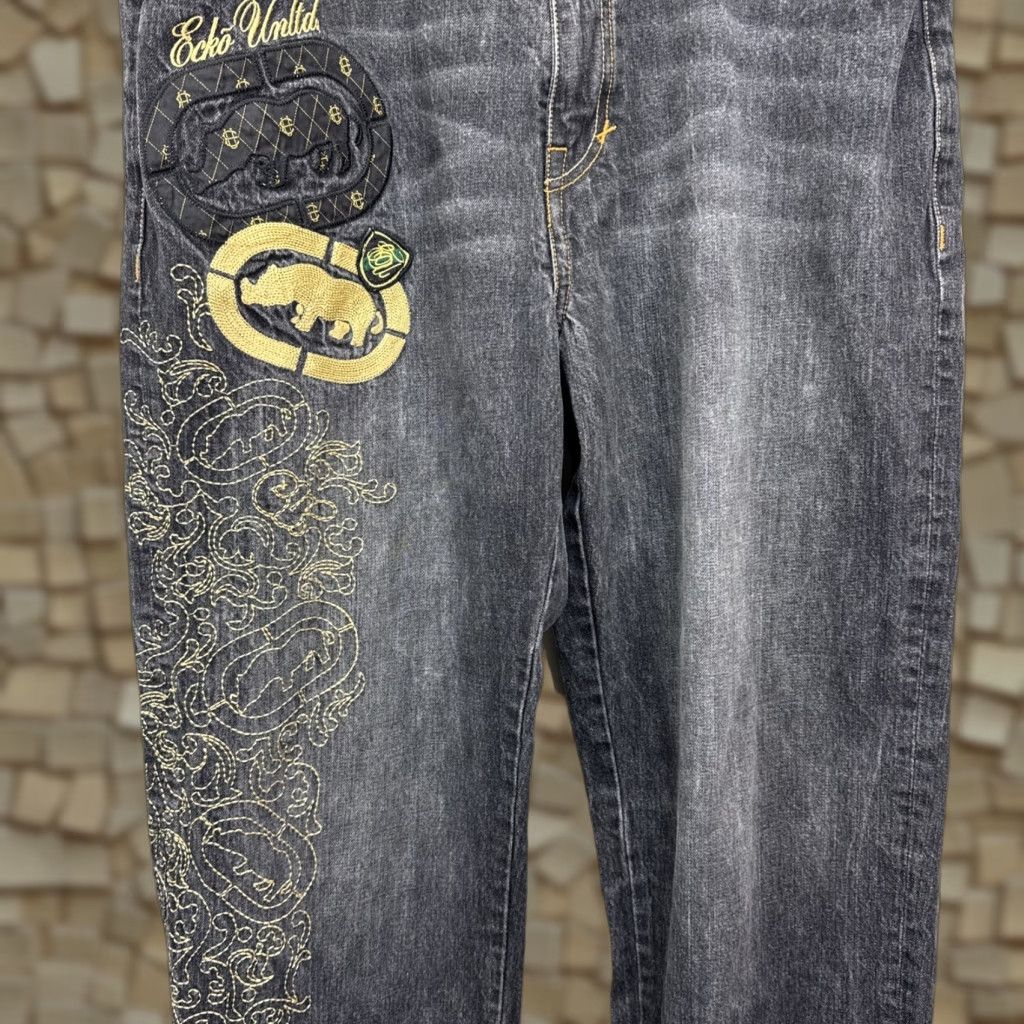 VINTAGE Ecko Unltd Jeans Baggy Fit 90s Hip Hop Geometric Embroidered Black Denim Men 38X34 Wide-Leg High Rise X43 5-Pocket Rhyno Baggy-Style Jeans