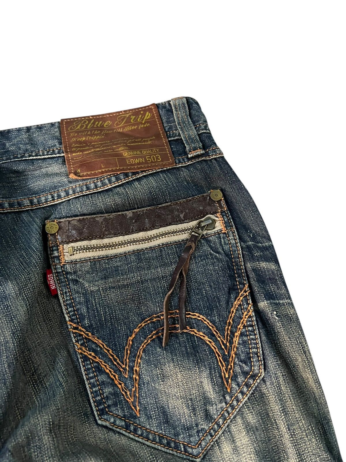 Edwin × If Six Was Nine × Le Grande Bleu (L.G.B.) 💥FLARE💥VINTAGE EDWIN 503 BLUE TRIP NICE DESIGN Size US 33 - 10 Thumbnail