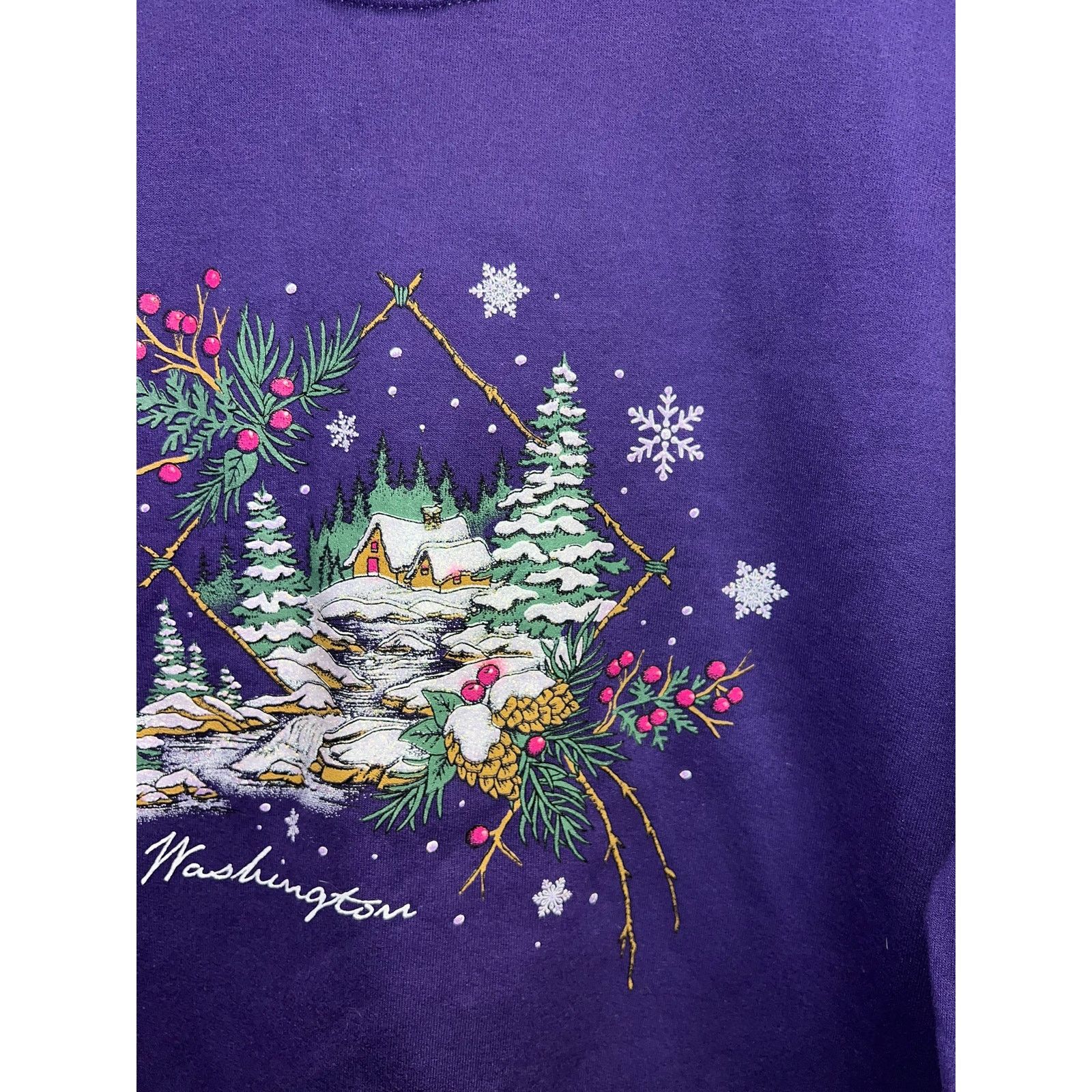 Jerzees Vintage Washington Sweatshirt Purple Winter Tree Cabin 90s L Size US L / EU 52-54 / 3 - 4 Thumbnail
