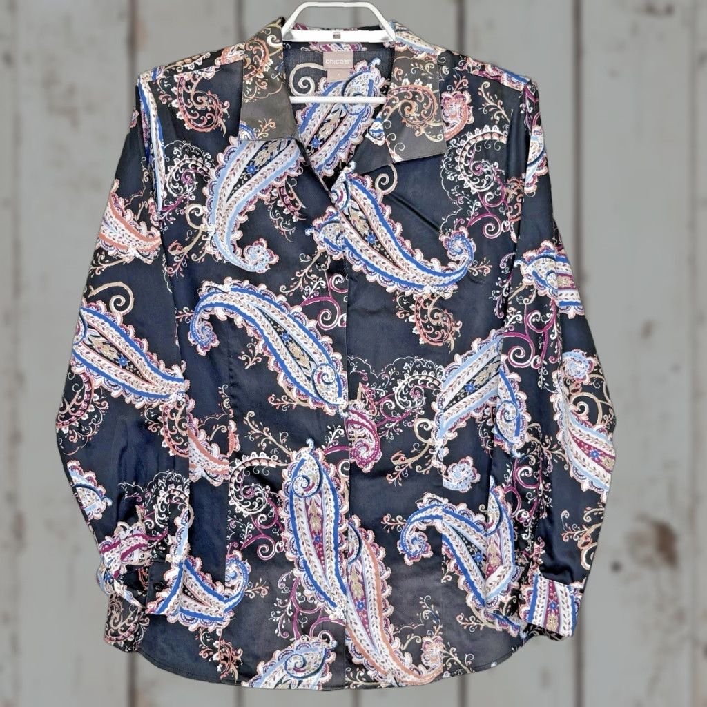 Vintage Chico’s Top Button Front No Iron 3 XL 16/18 Black Paisley Print Long Sleeve Women's Shirt Size XXL / US 16-18 / IT 52-54 - 1 Thumbnail