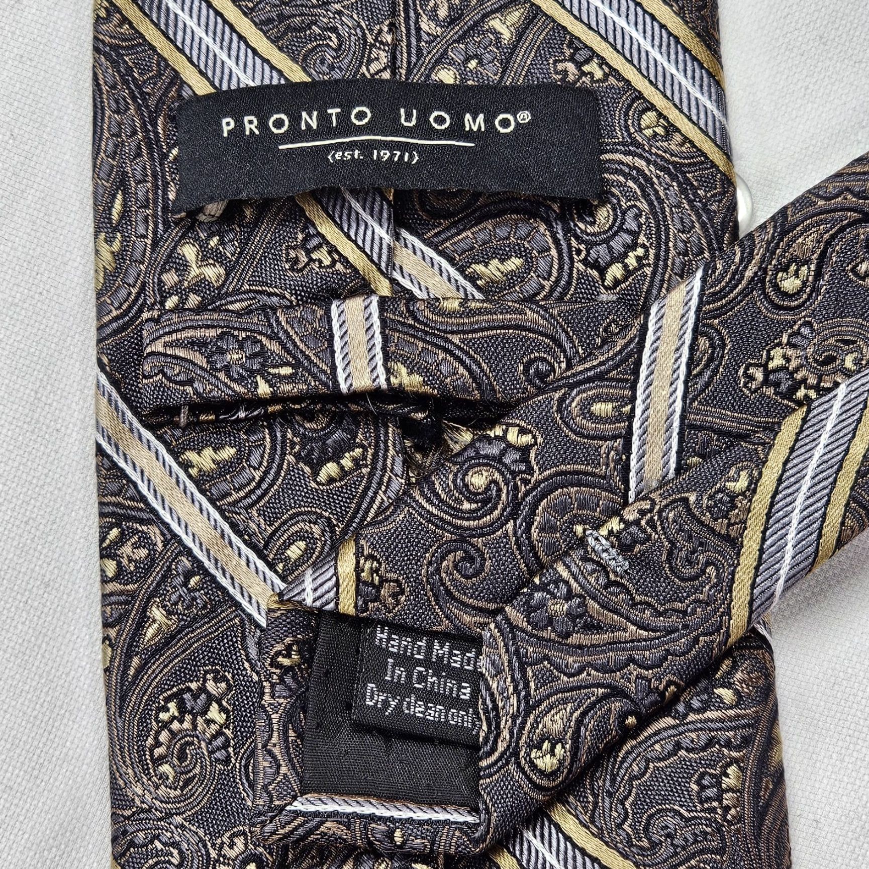 Pronto Uomo VTG Pronto Uomo Necktie Mens Gray Silver Paisley 100% Silk Tie 58 1/4 X 3 1/4" Classic Wedding Preppy Retro 60s 70s Mens Size ONE SIZE - 6 Thumbnail