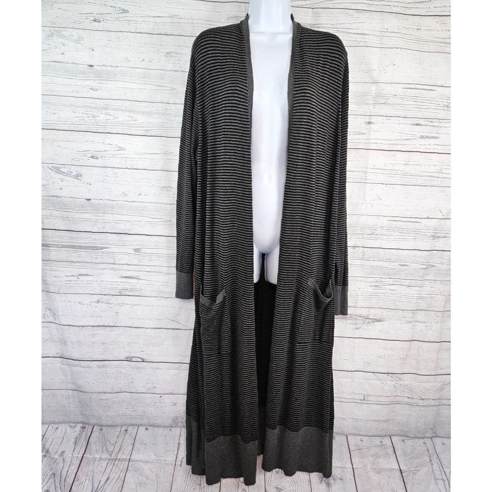 Eileen Fisher Eileen Fisher Womens Duster Cardigan Sz Large Black Gray Striped Viscose Blend Knit Long Sleeve Size L / US 10 / IT 46 - 2 Thumbnail