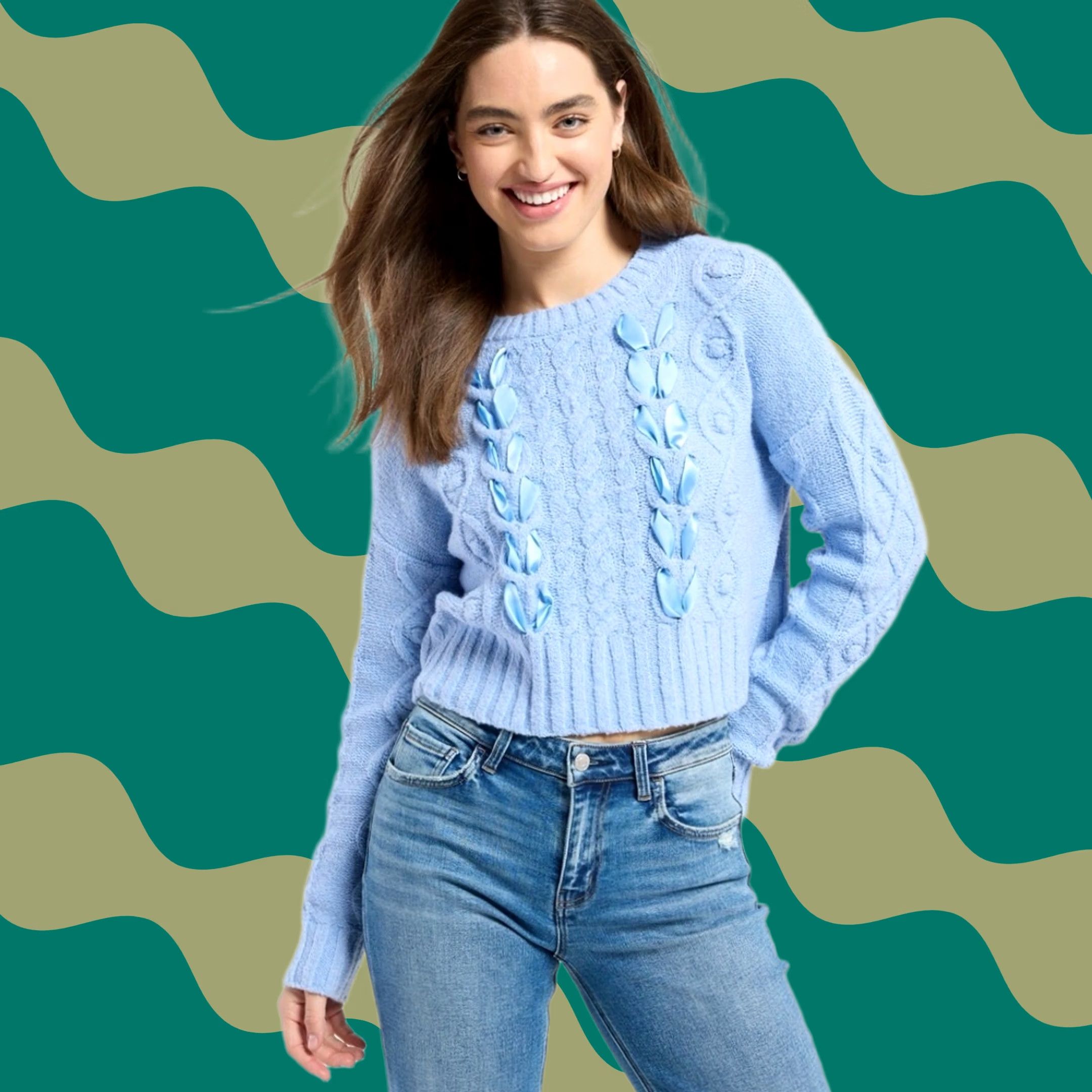Vintage Pink Rose Women Light Blue Cable Knit Ribbon Lace-Up Crewneck Cropped Sweater S Size S / US 4 / IT 40 - 1 Thumbnail