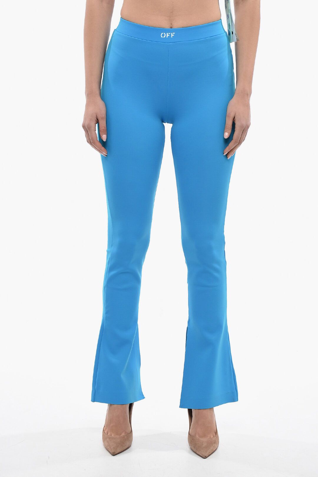image of Off White Og1Mm0524 Logo Print Split Flare Fit Leggings In Blue, Women's (Size 26)