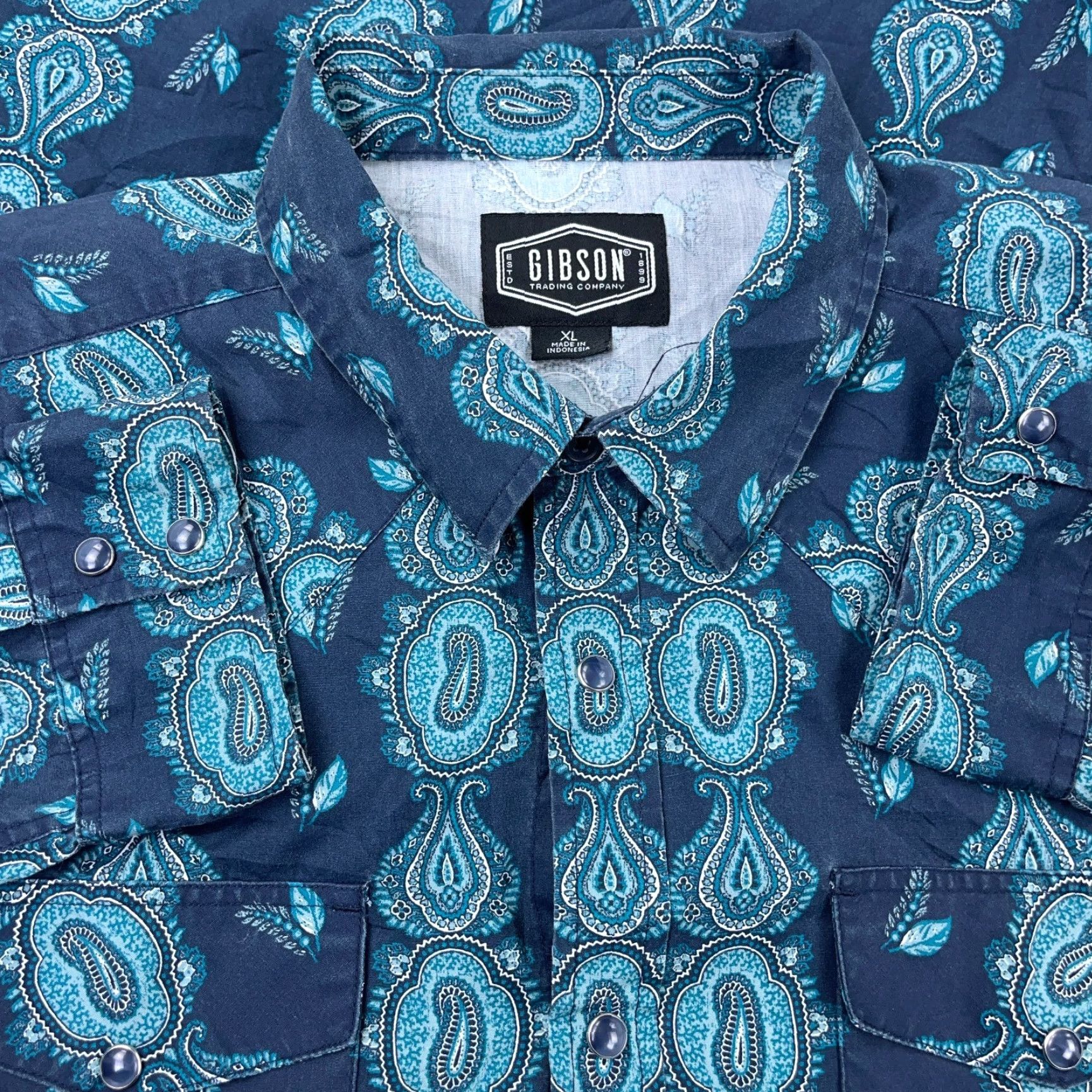 Vintage Gibson Shirt Men XL Blue Teal Paisley Western Cowboy Aztec Snap Button-Up Casual Workwear All Seasons Pockets Regular Size US XL / EU 56 / 4 - 2 Thumbnail