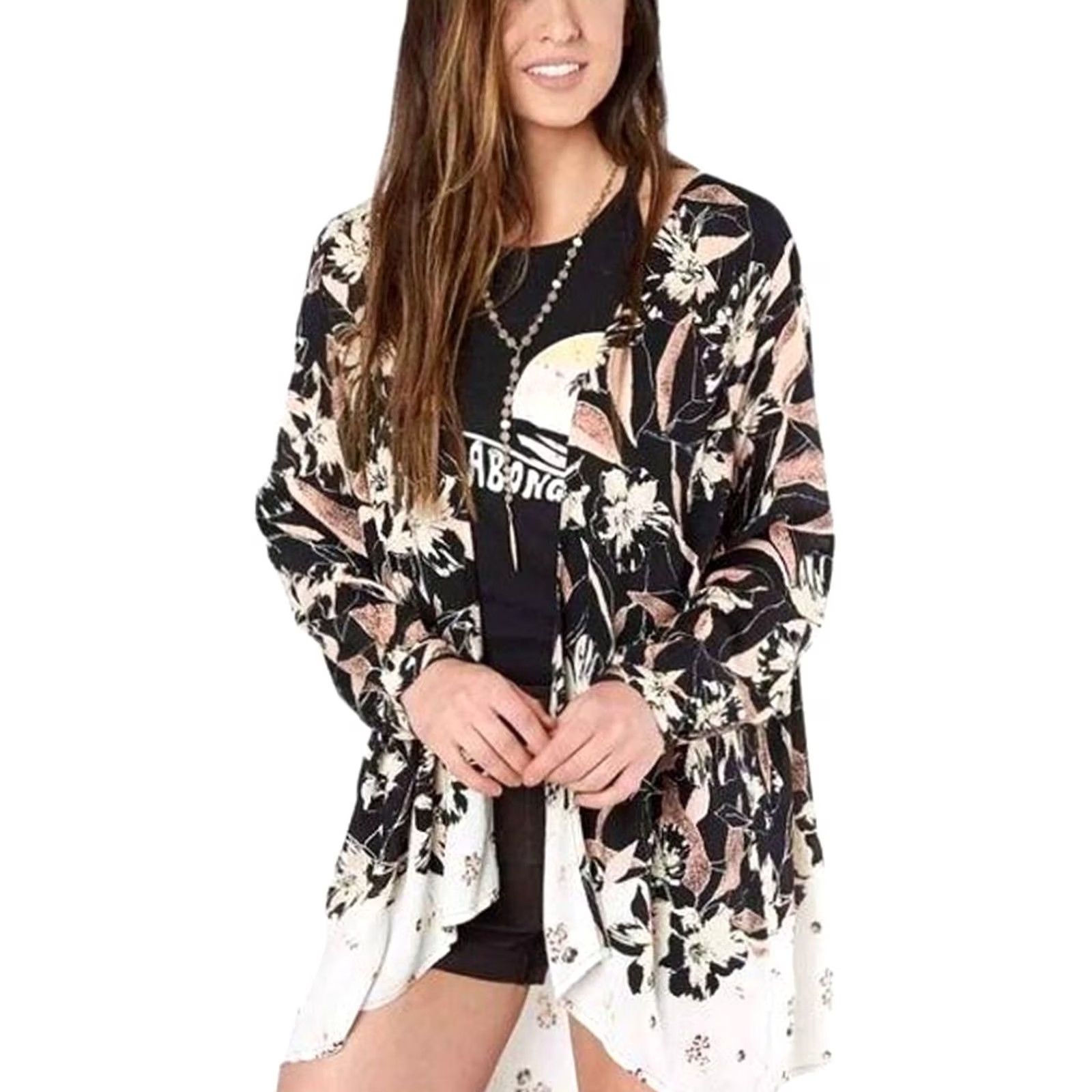 Billabong Billabong Women Long Sleeve Kimono Cardigan S/M Floral Multicolor Open Front Bohemian Beach Casual Shirt Womens Size S / US 4 / IT 40 - 6 Thumbnail