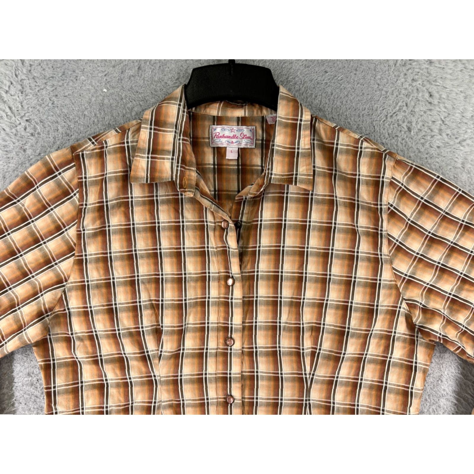 Vintage Panhandle Slim Shirt Womens Large Beige Plaid Pearl Snap 100% Cotton Western Size L / US 10 / IT 46 - 6 Thumbnail