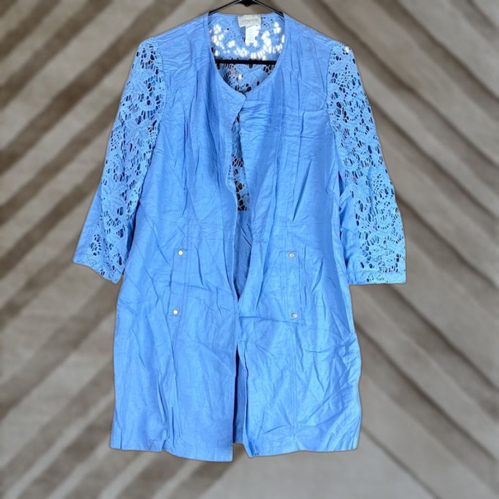 Vintage Chicos Womens Jacket Blue Lace Duster Open Front 3/4 Sleeve Linen Blend S Size S / US 4 / IT 40 - 1 Thumbnail