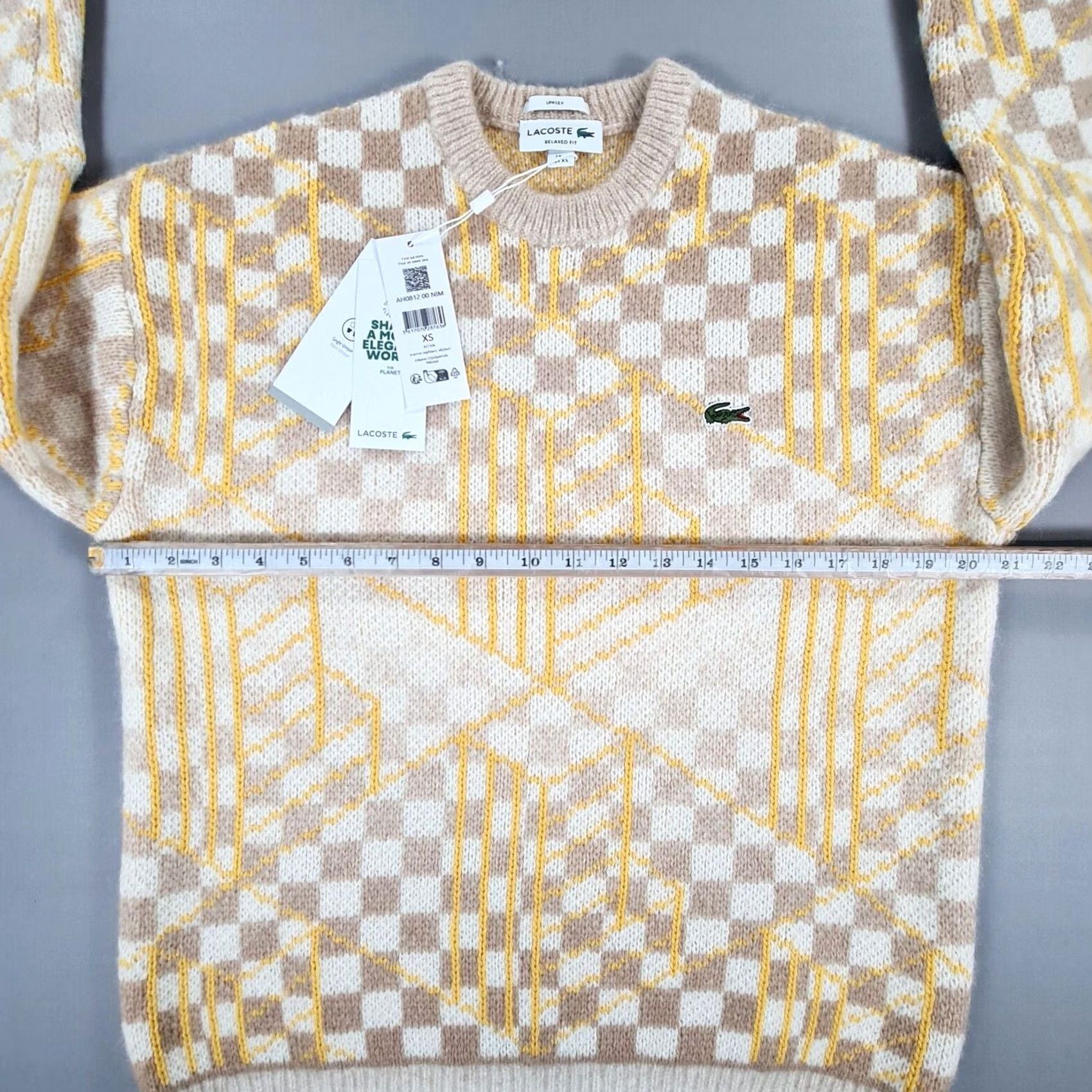 Lacoste Lacoste Jumper Beige Yellow XS Relaxed Fit Alpaca Wool Geometric Crew Neck Mens Pullover Classic Knit Size US XS / EU 42 / 0 - 7 Thumbnail