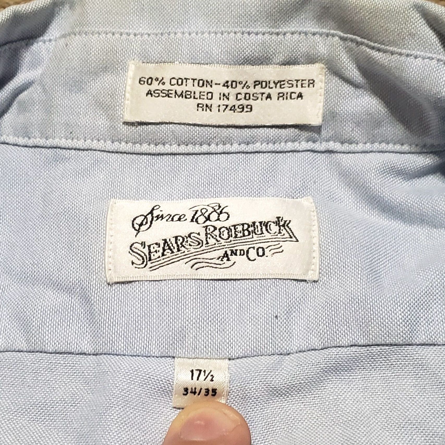 Sears Sears Shirt Button-Up Short Sleeve Mens 17.5 34/35 Blue Cotton Polyester Solid 1950s 1960s Mens shirt Size US XL / EU 56 / 4 - 3 Thumbnail
