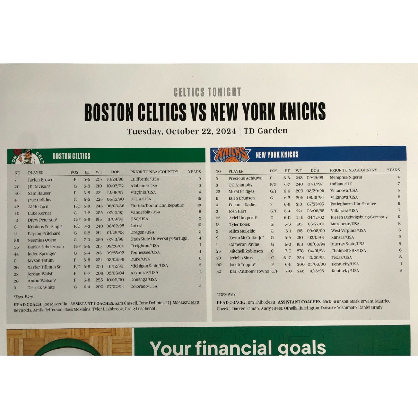 NBA Boston Celtics v New York Knicks 10/22/24 BannerNight Poster Size ONE SIZE - 15 Thumbnail