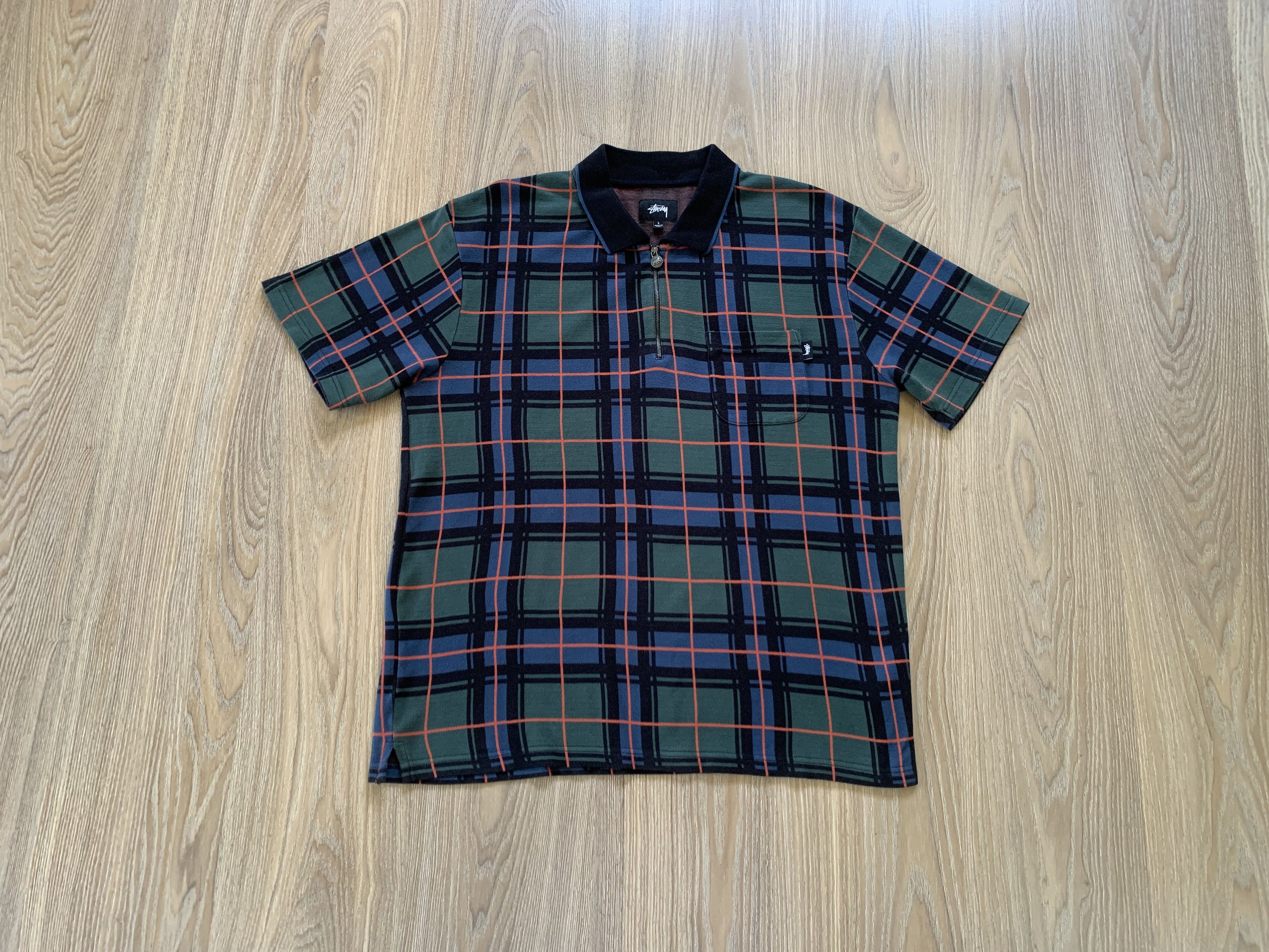 Stussy Plaid Men's Short Sleeve Pocket Zip Polo Shirt