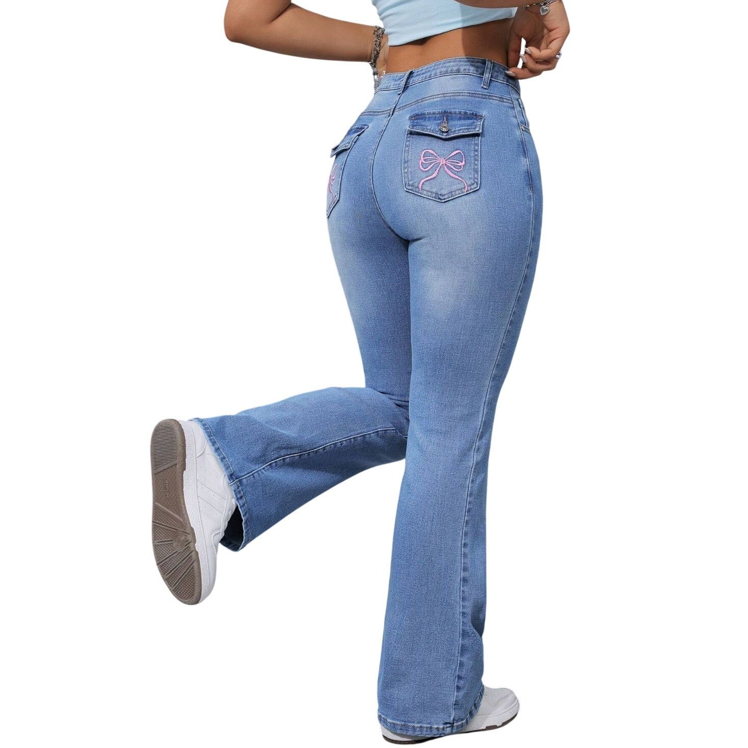 Shein Embroidery Bow Detail Flared Leg Jeans in Blue, Size 2/26 Size 26" / US 2 / IT 38 - 1 Thumbnail