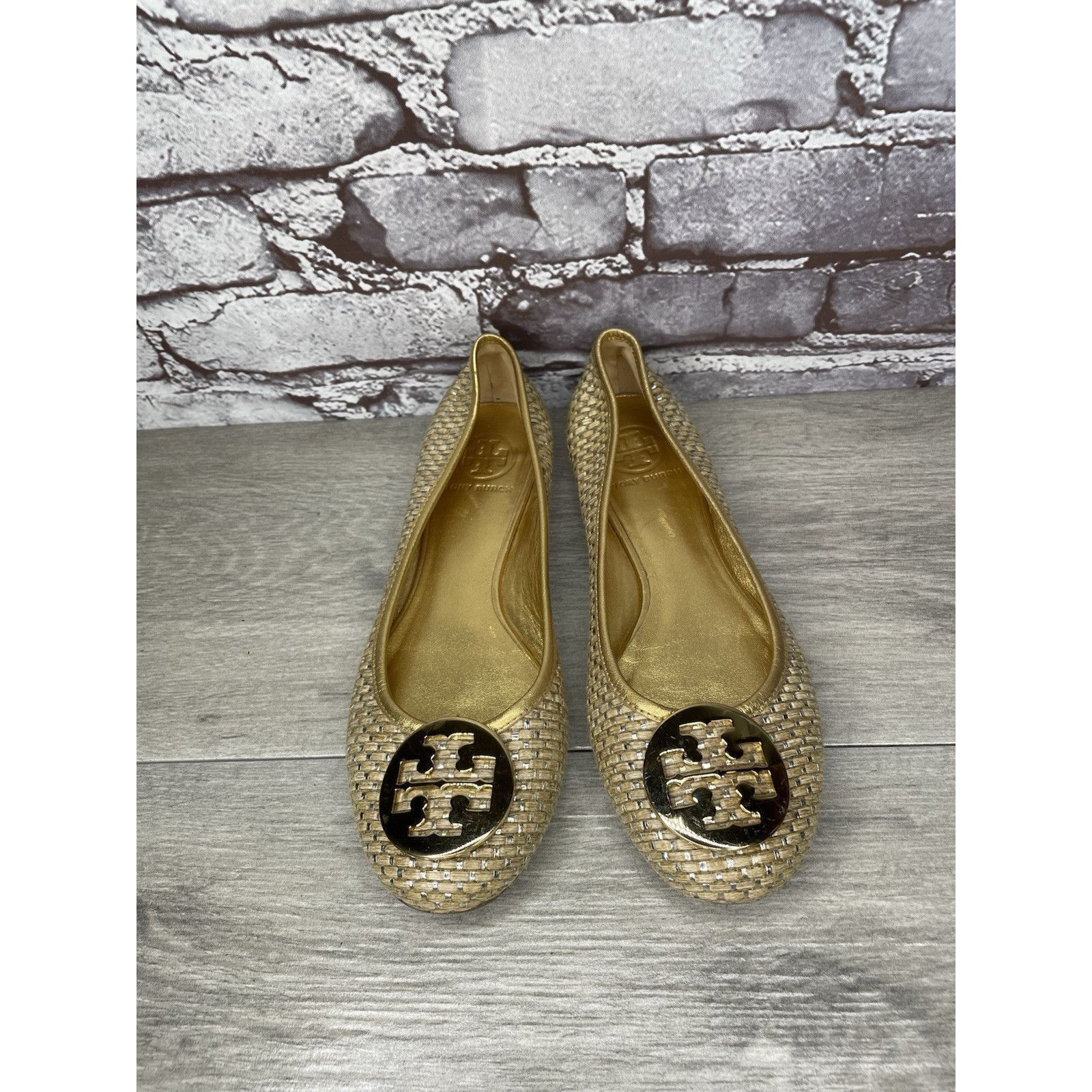 Tory Burch Tory Burch Straw Reva Gold Leather Logo Ballet Flats Women’s Size US 7.5 / IT 37.5 - 13 Thumbnail
