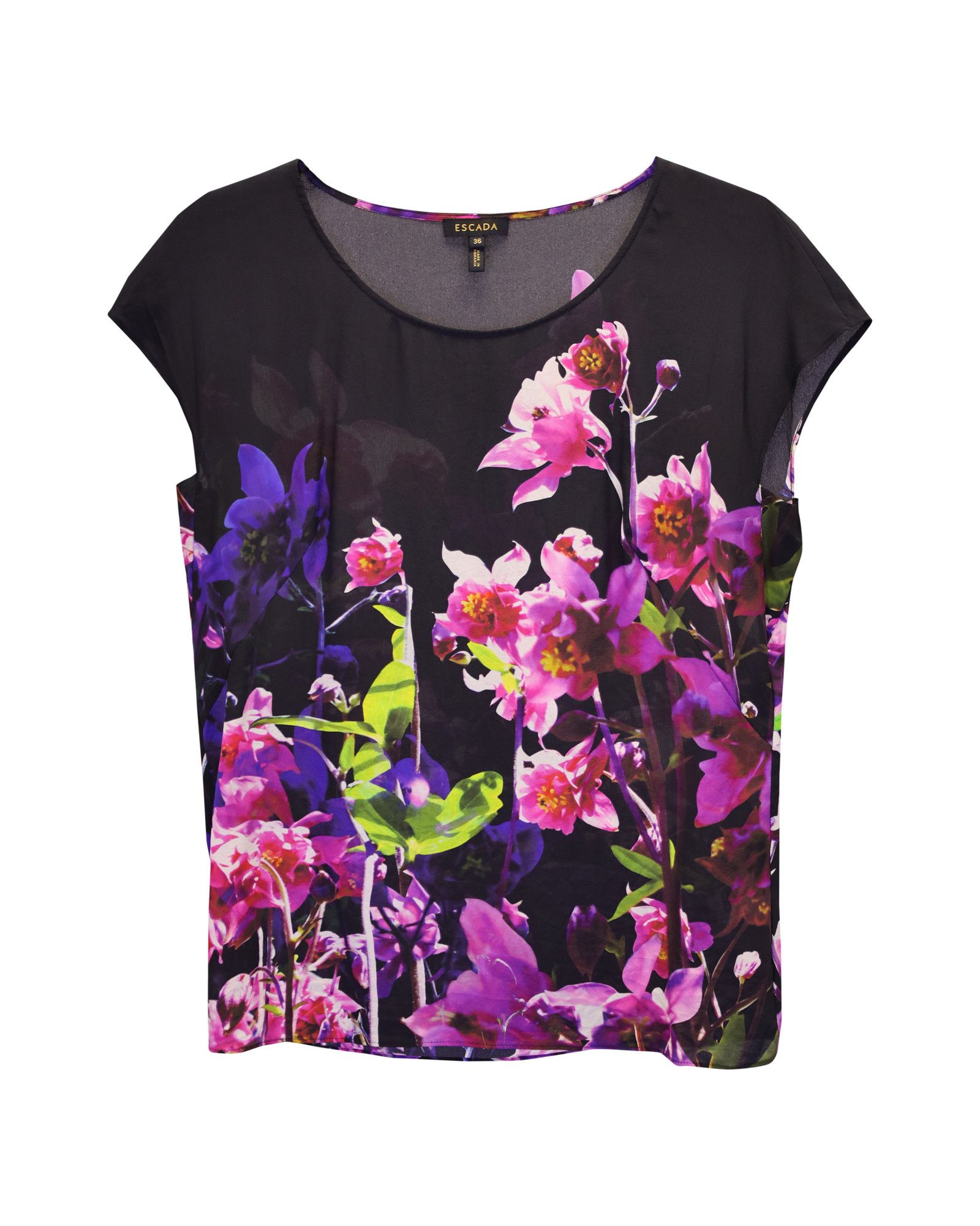 Escada Escada Floral Cap Sleeve Top in Black Silk Size XXS / US 00 / IT 34 - 1 Thumbnail