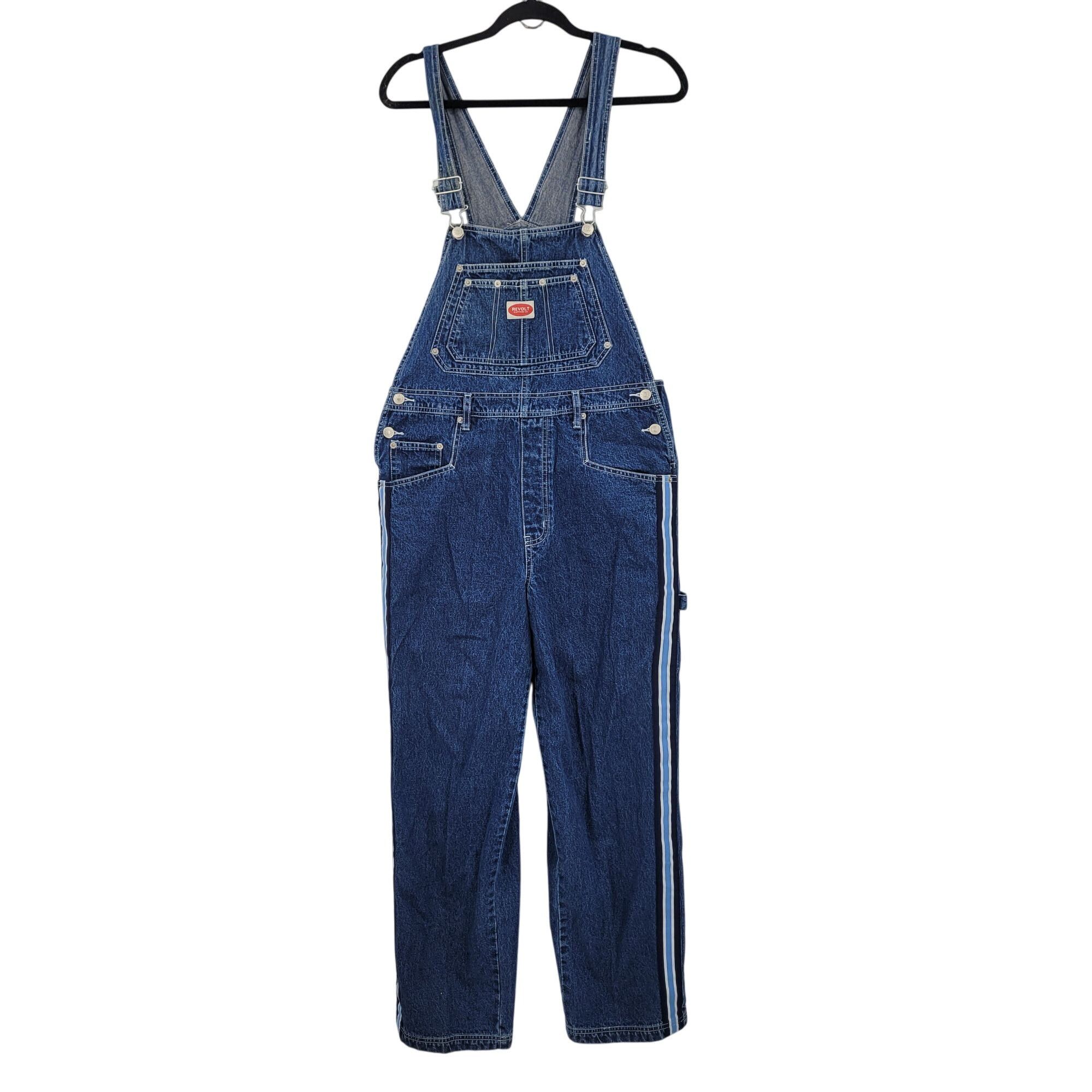 Vintage Vtg 80s Revolt Denim Overalls Sz L Cotton Racing Stripe Pock Size 34" / US 12 / IT 48 - 16 Thumbnail