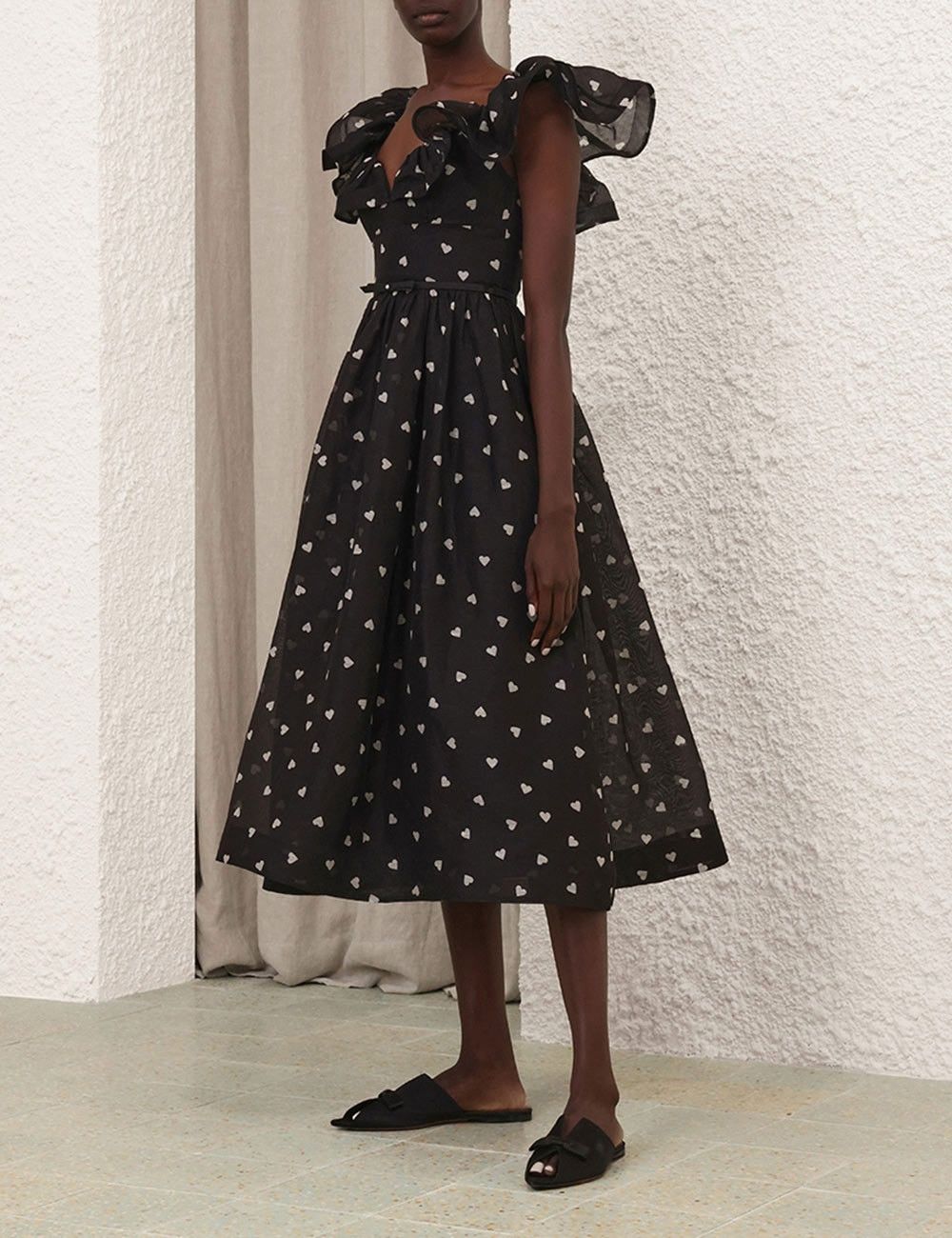 oc11z1025 Crush Frilled Midi Dress in Black
