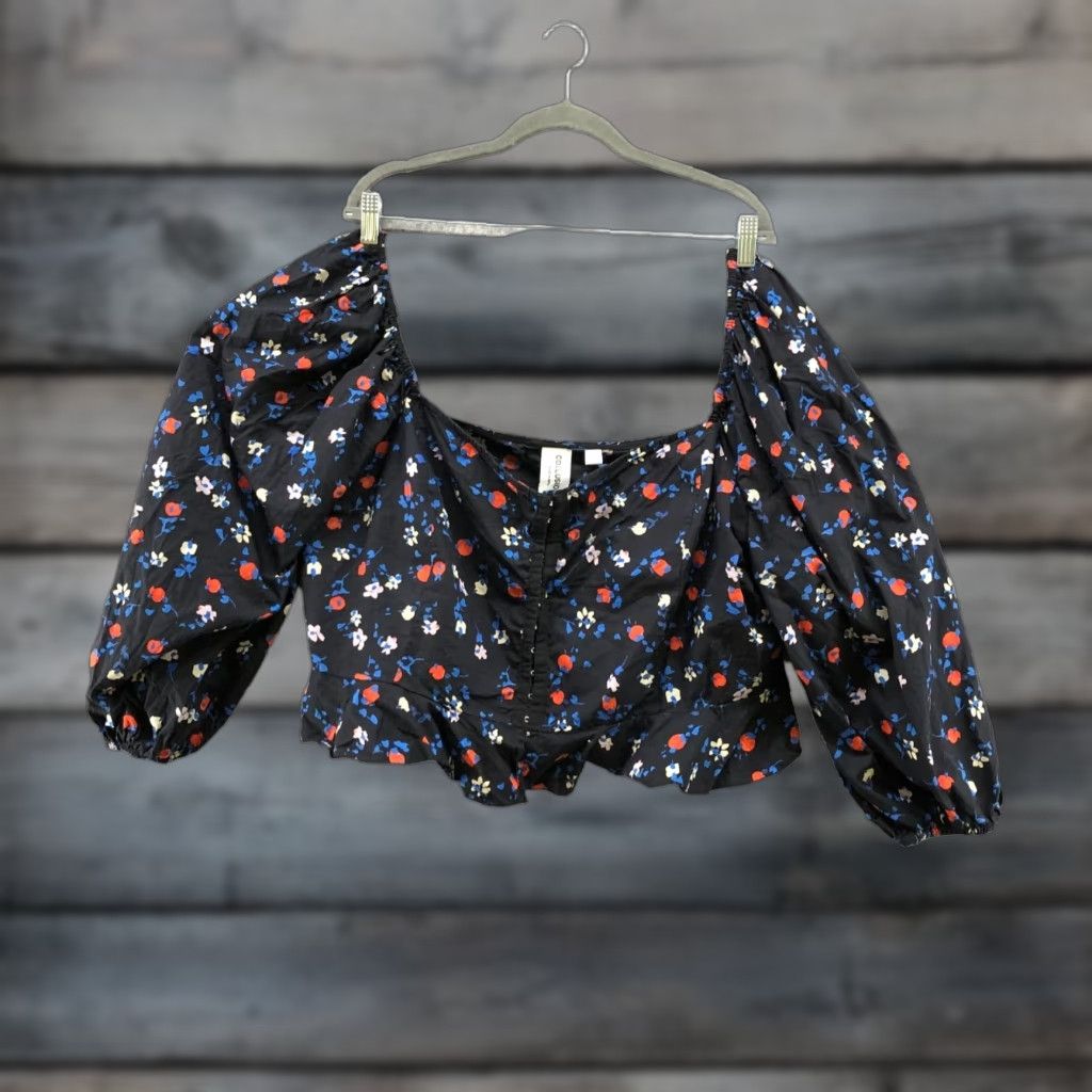 Vintage Asos Collusion Corset Square Neck Crop Top Womens 20 Puff Sleeve Blue Floral Cotton Blouse Size 3XL / US 20-22 - 1 Thumbnail